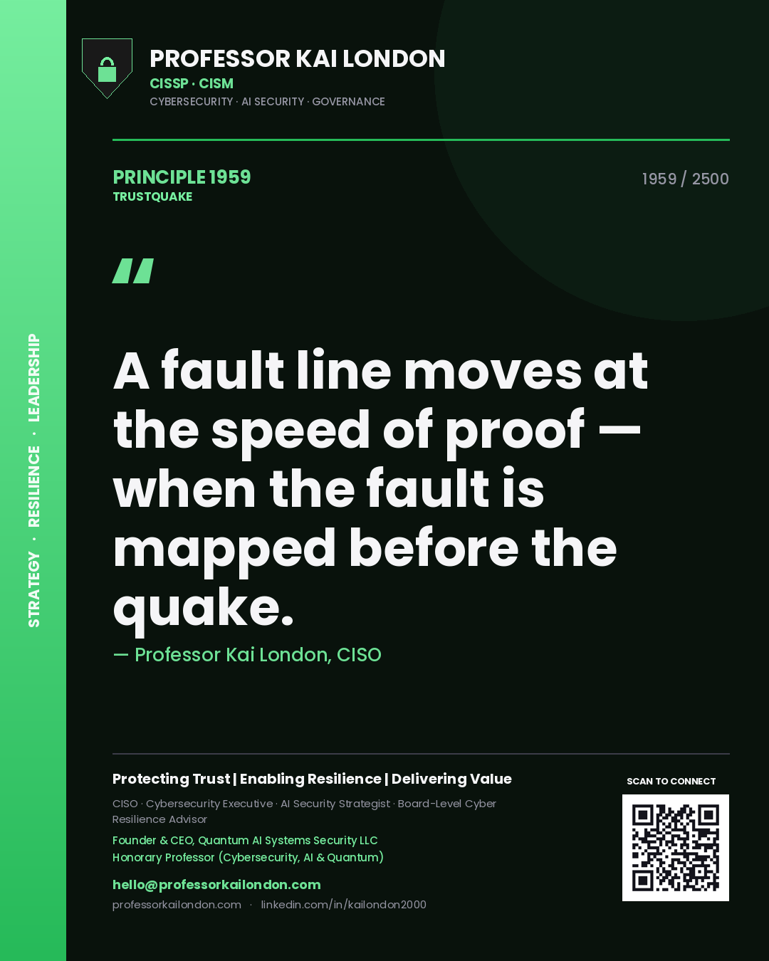 Quote card by Professor Kai London reading 'A fault line moves at the speed of proof — when the fault is mapped before the quake.'. From the book Trustquake.