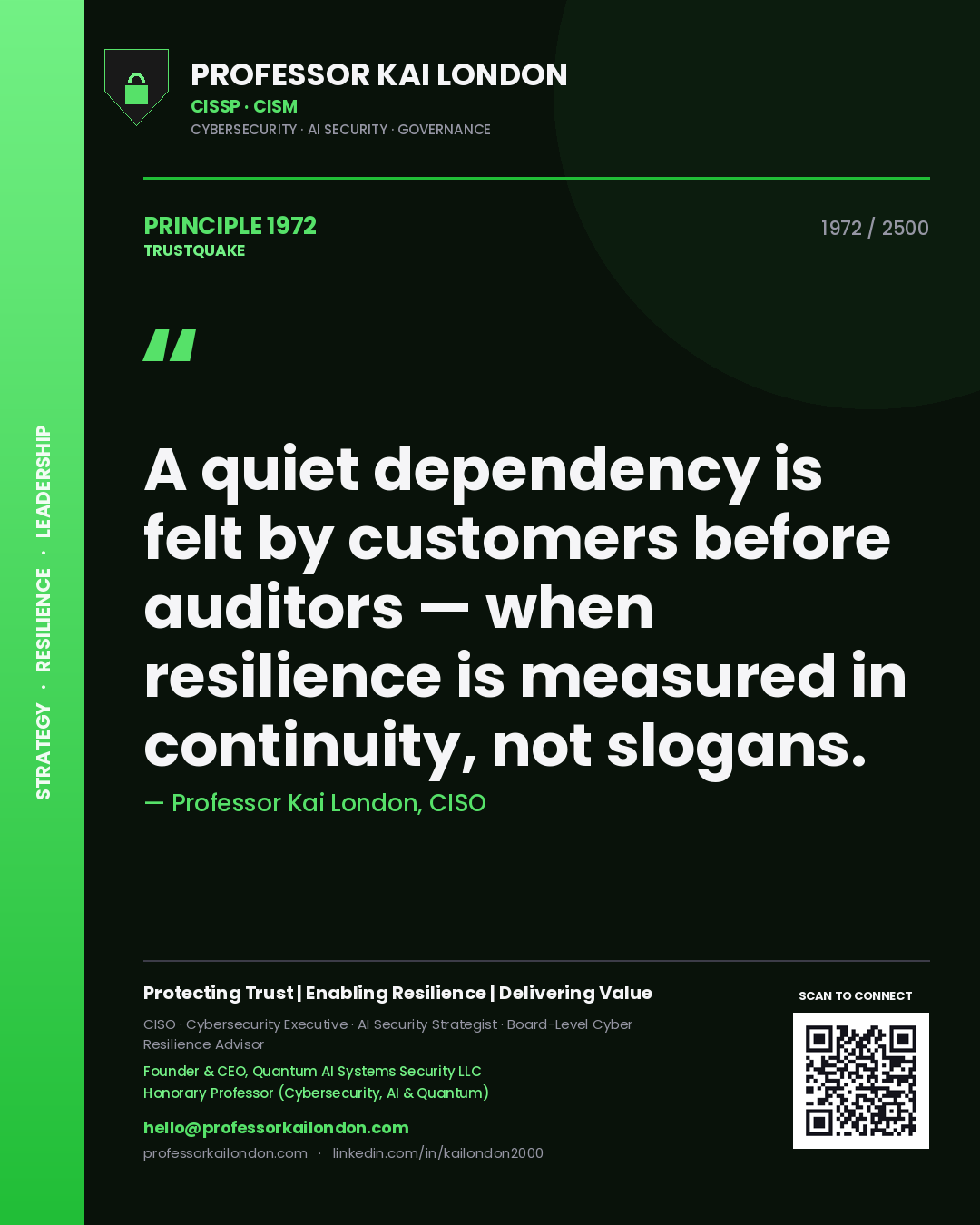 Professor Kai London principle 1972: A quiet dependency is felt by customers before auditors — when resilience is measured in continuity, not slogans.