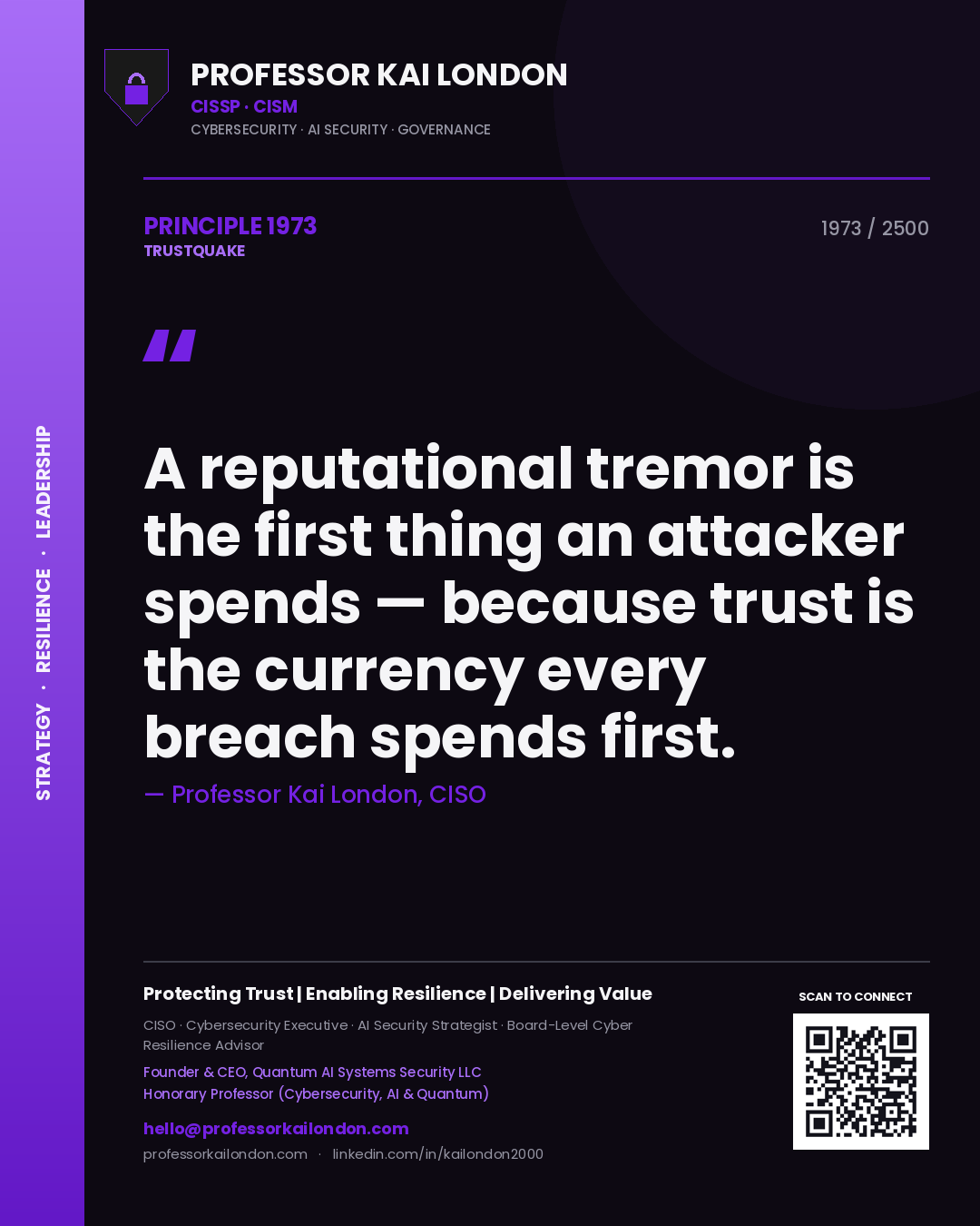 Professor Kai London principle 1973: A reputational tremor is the first thing an attacker spends — because trust is the currency every breach spends first.