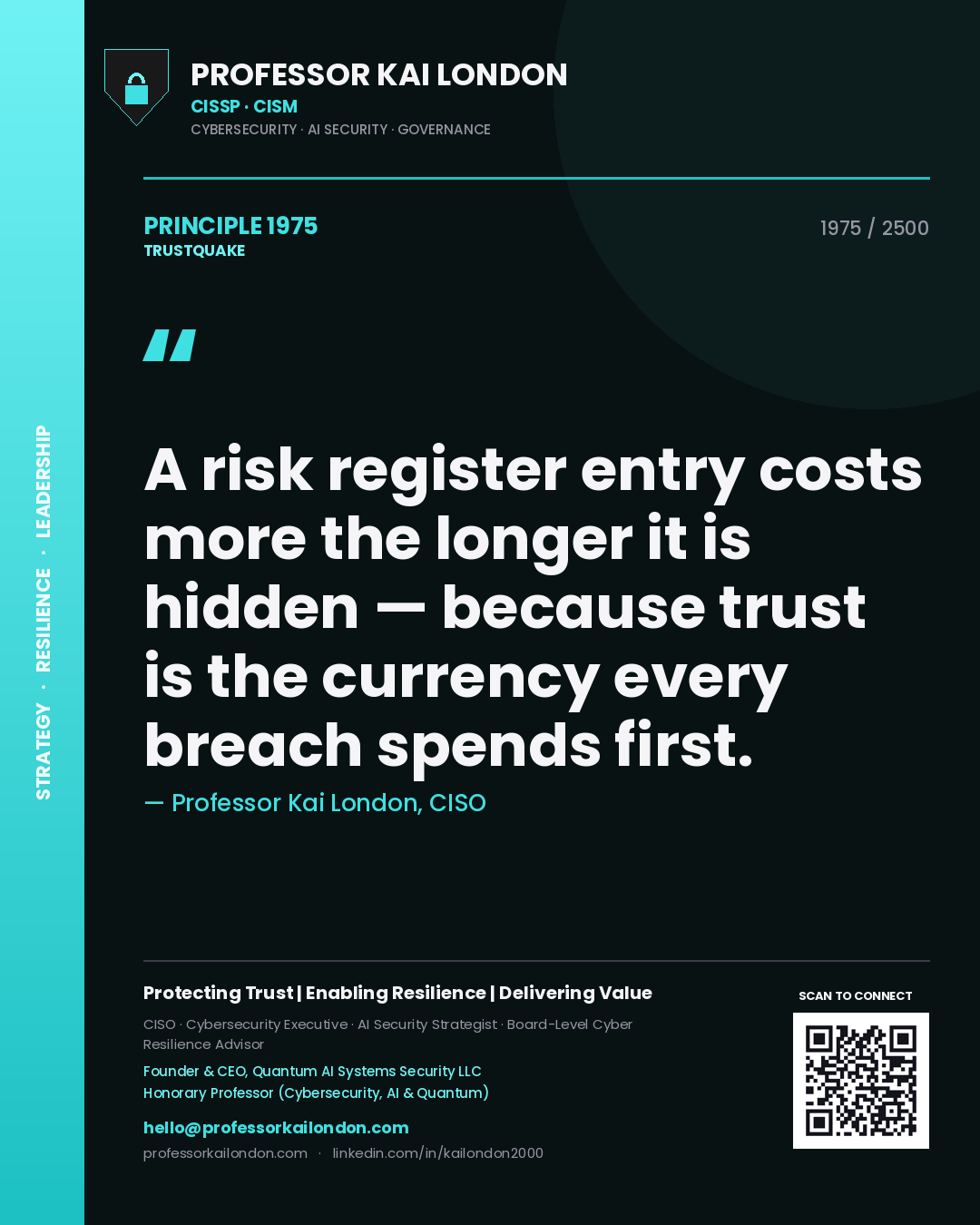 Quote card by Professor Kai London reading 'A risk register entry costs more the longer it is hidden — because trust is the currency every breach spends first.'. From the book Trustquake.