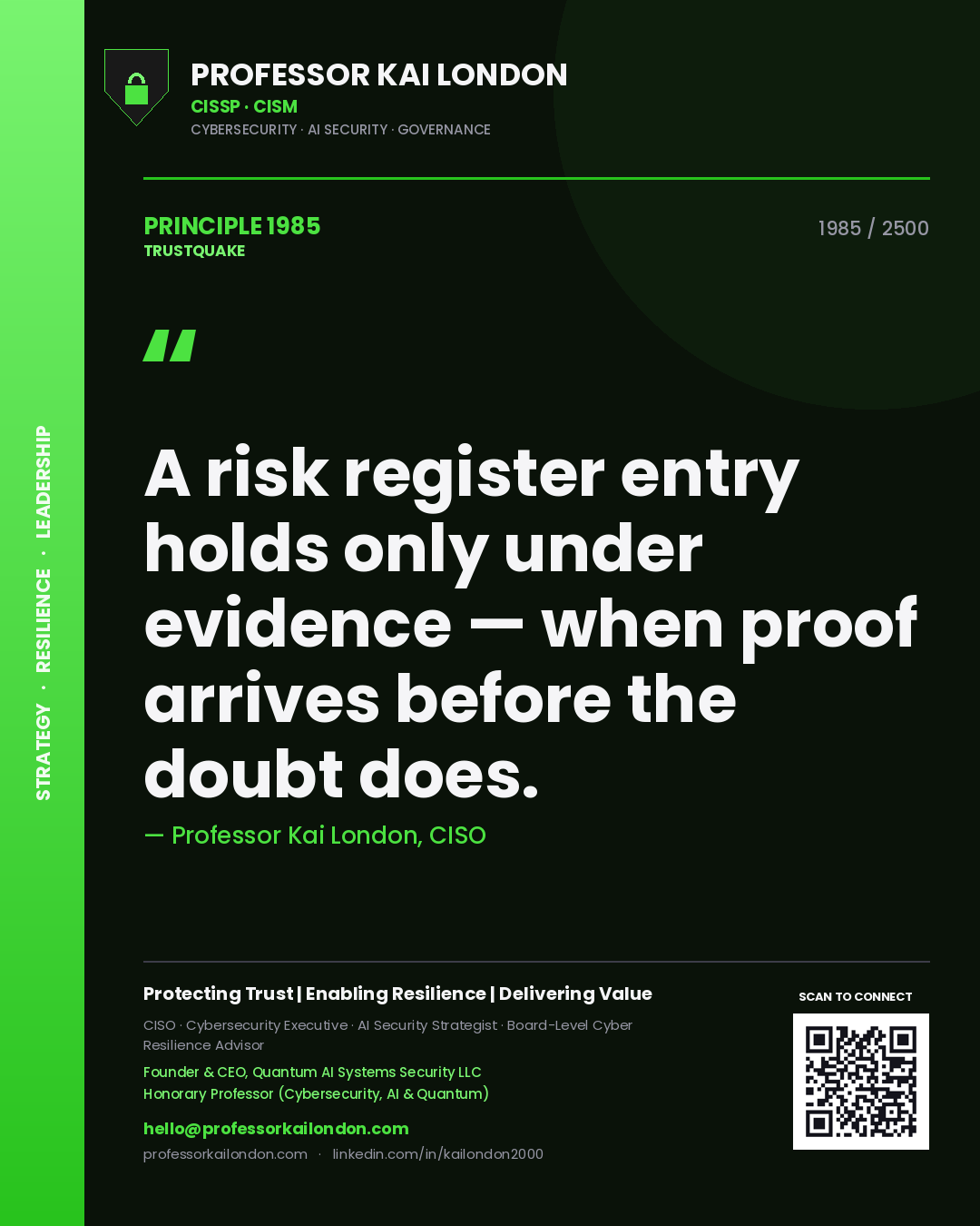 Quote card by Professor Kai London reading 'A risk register entry holds only under evidence — when proof arrives before the doubt does.'. From the book Trustquake.