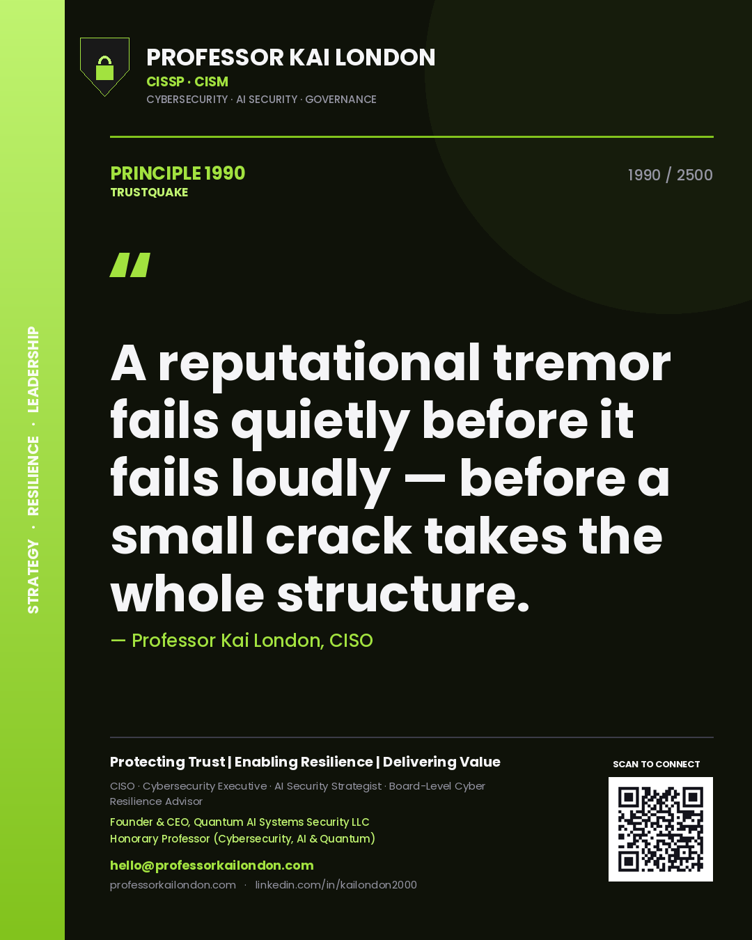 Professor Kai London principle 1990: A reputational tremor fails quietly before it fails loudly — before a small crack takes the whole structure.