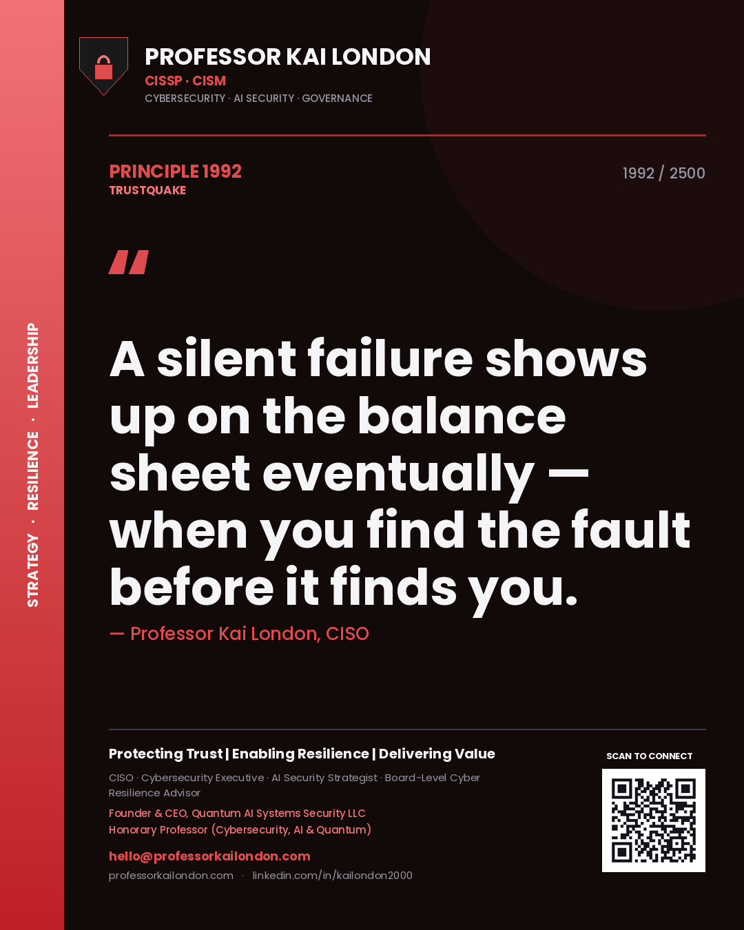 Quote card by Professor Kai London reading 'A silent failure shows up on the balance sheet eventually — when you find the fault before it finds you.'. From the book Trustquake.