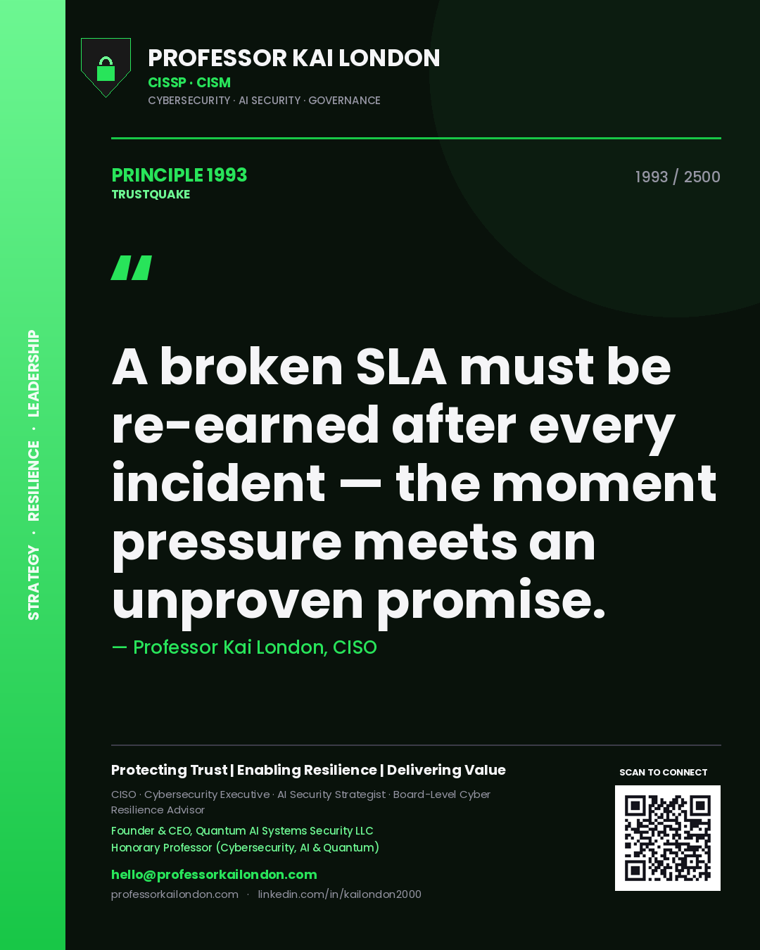 Professor Kai London principle 1993: A broken SLA must be re-earned after every incident — the moment pressure meets an unproven promise.