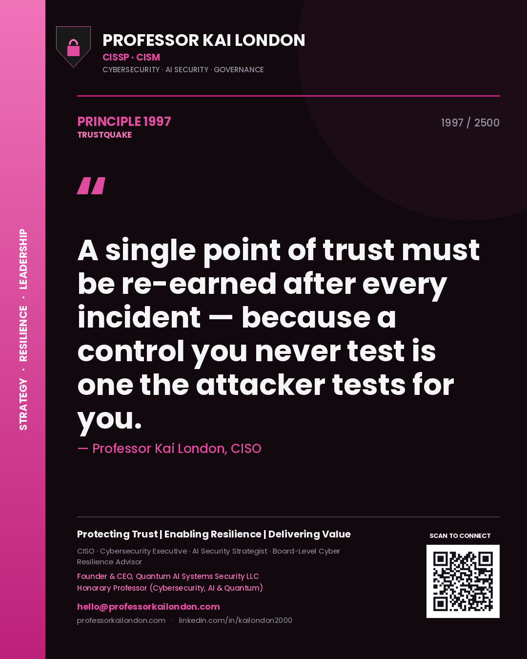 Professor Kai London principle 1997: A single point of trust must be re-earned after every incident — because a control you never test is one the attacker tests for you.