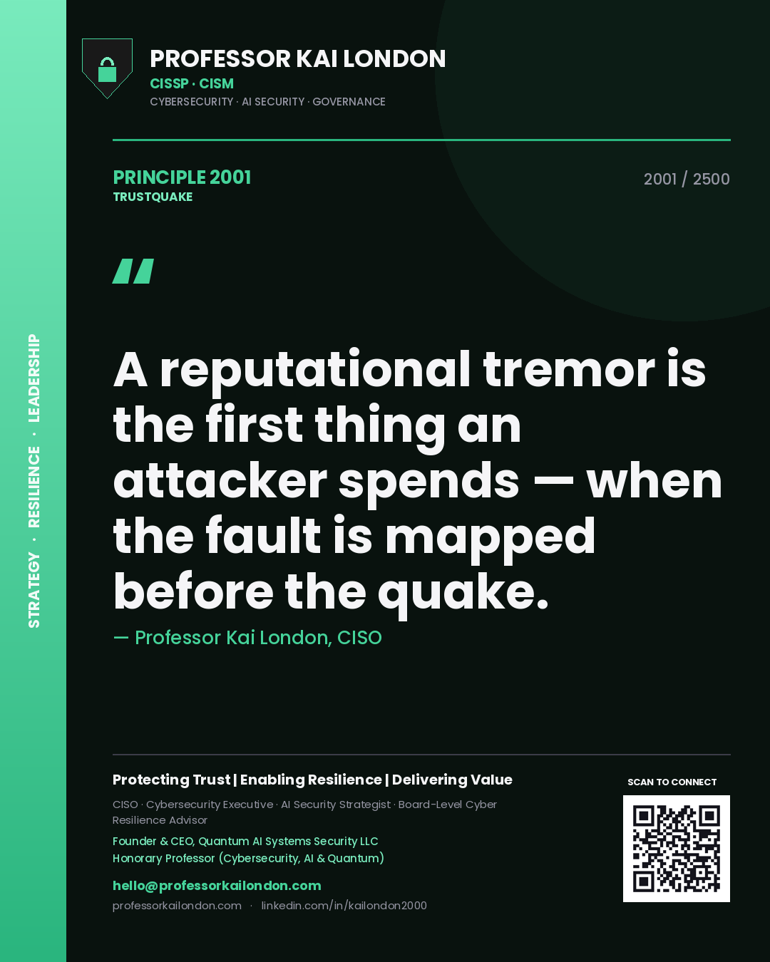 Quote card by Professor Kai London reading 'A reputational tremor is the first thing an attacker spends — when the fault is mapped before the quake.'. From the book Trustquake.
