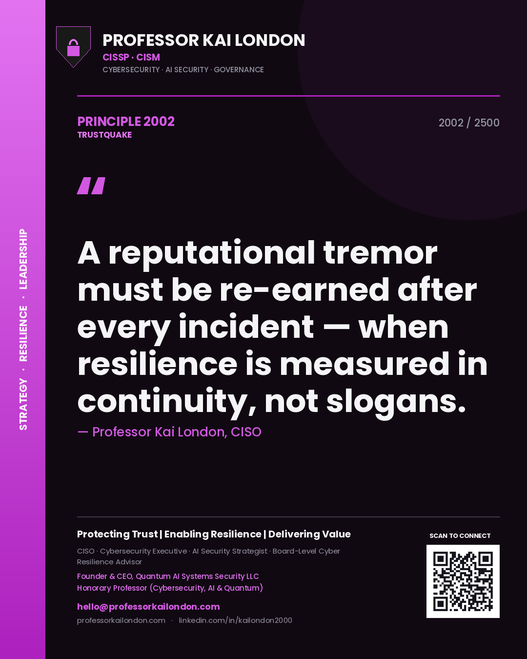 Quote card by Professor Kai London reading 'A reputational tremor must be re-earned after every incident — when resilience is measured in continuity, not slogans.'. From the book Trustquake.