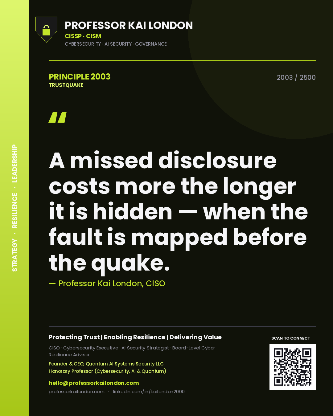 Quote card by Professor Kai London reading 'A missed disclosure costs more the longer it is hidden — when the fault is mapped before the quake.'. From the book Trustquake.