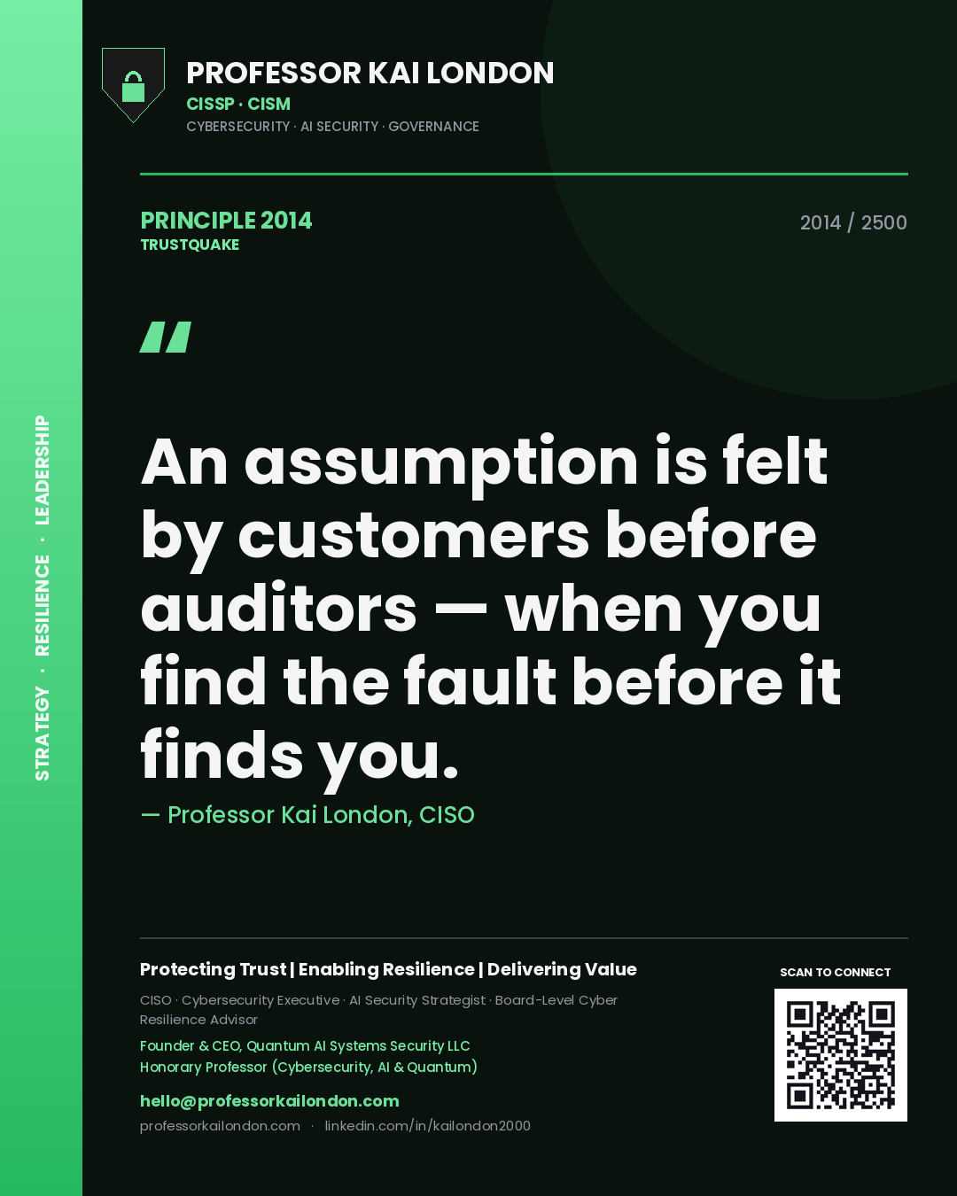 Quote card by Professor Kai London reading 'An assumption is felt by customers before auditors — when you find the fault before it finds you.'. From the book Trustquake.
