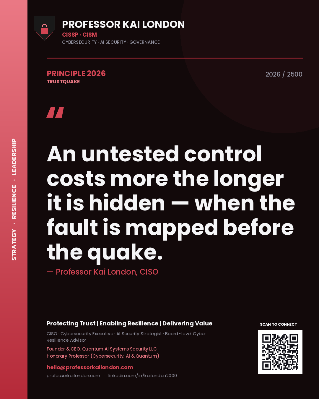 Professor Kai London principle 2026: An untested control costs more the longer it is hidden — when the fault is mapped before the quake.