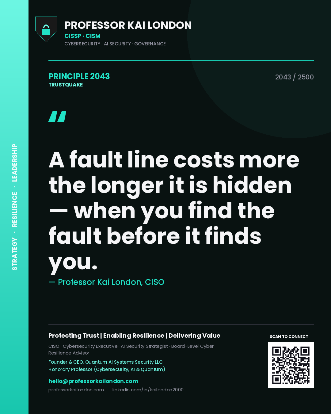 Quote card by Professor Kai London reading 'A fault line costs more the longer it is hidden — when you find the fault before it finds you.'. From the book Trustquake.