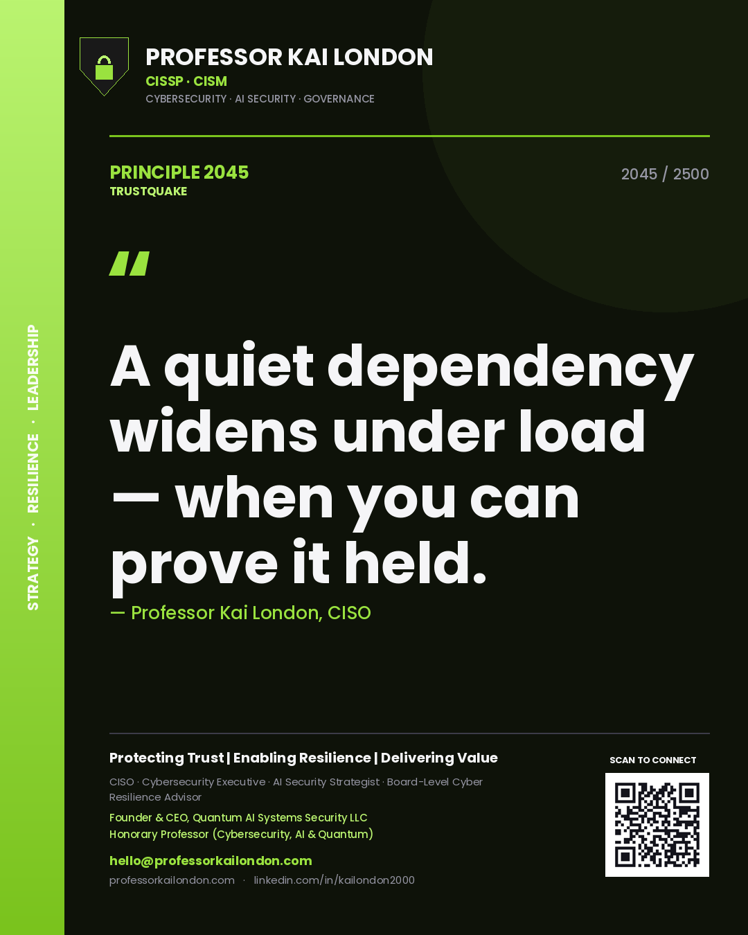 Professor Kai London principle 2045: A quiet dependency widens under load — when you can prove it held.