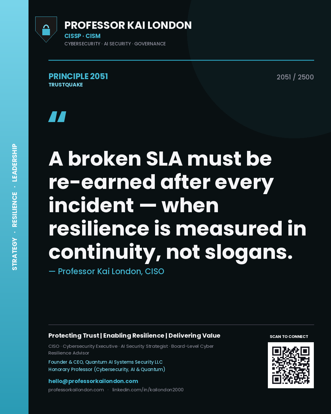 Professor Kai London principle 2051: A broken SLA must be re-earned after every incident — when resilience is measured in continuity, not slogans.