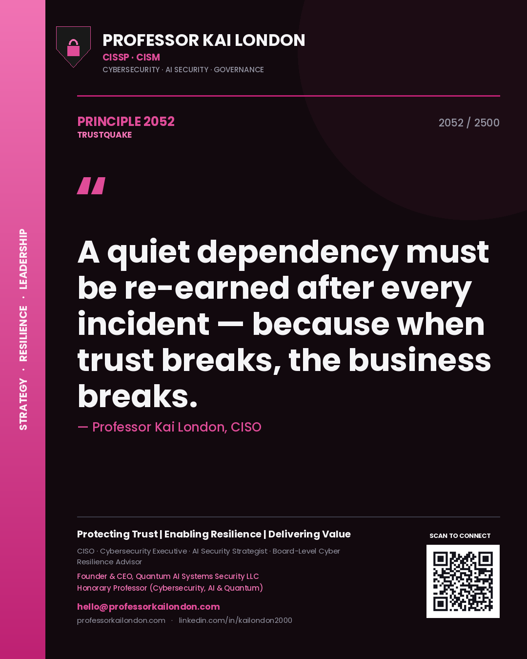 Quote card by Professor Kai London reading 'A quiet dependency must be re-earned after every incident — because when trust breaks, the business breaks.'. From the book Trustquake.