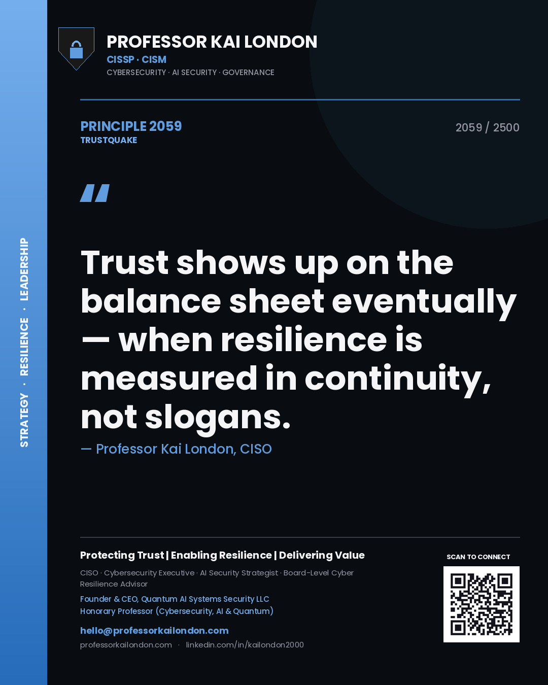 Quote card by Professor Kai London reading 'Trust shows up on the balance sheet eventually — when resilience is measured in continuity, not slogans.'. From the book Trustquake.