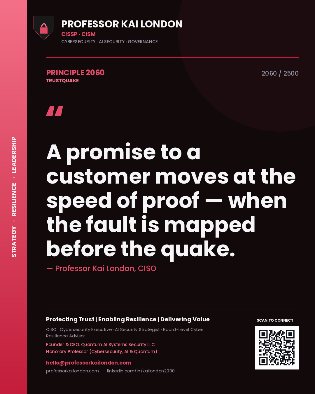 Quote card by Professor Kai London reading 'A promise to a customer moves at the speed of proof — when the fault is mapped before the quake.'. From the book Trustquake.
