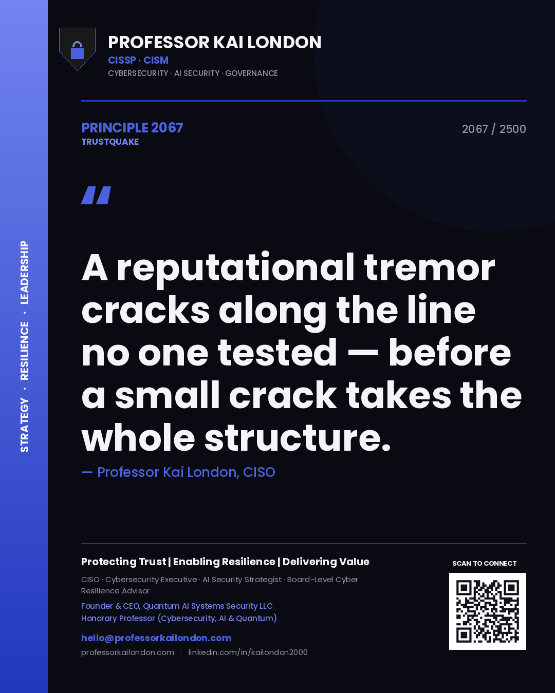 Quote card by Professor Kai London reading 'A reputational tremor cracks along the line no one tested — before a small crack takes the whole structure.'. From the book Trustquake.
