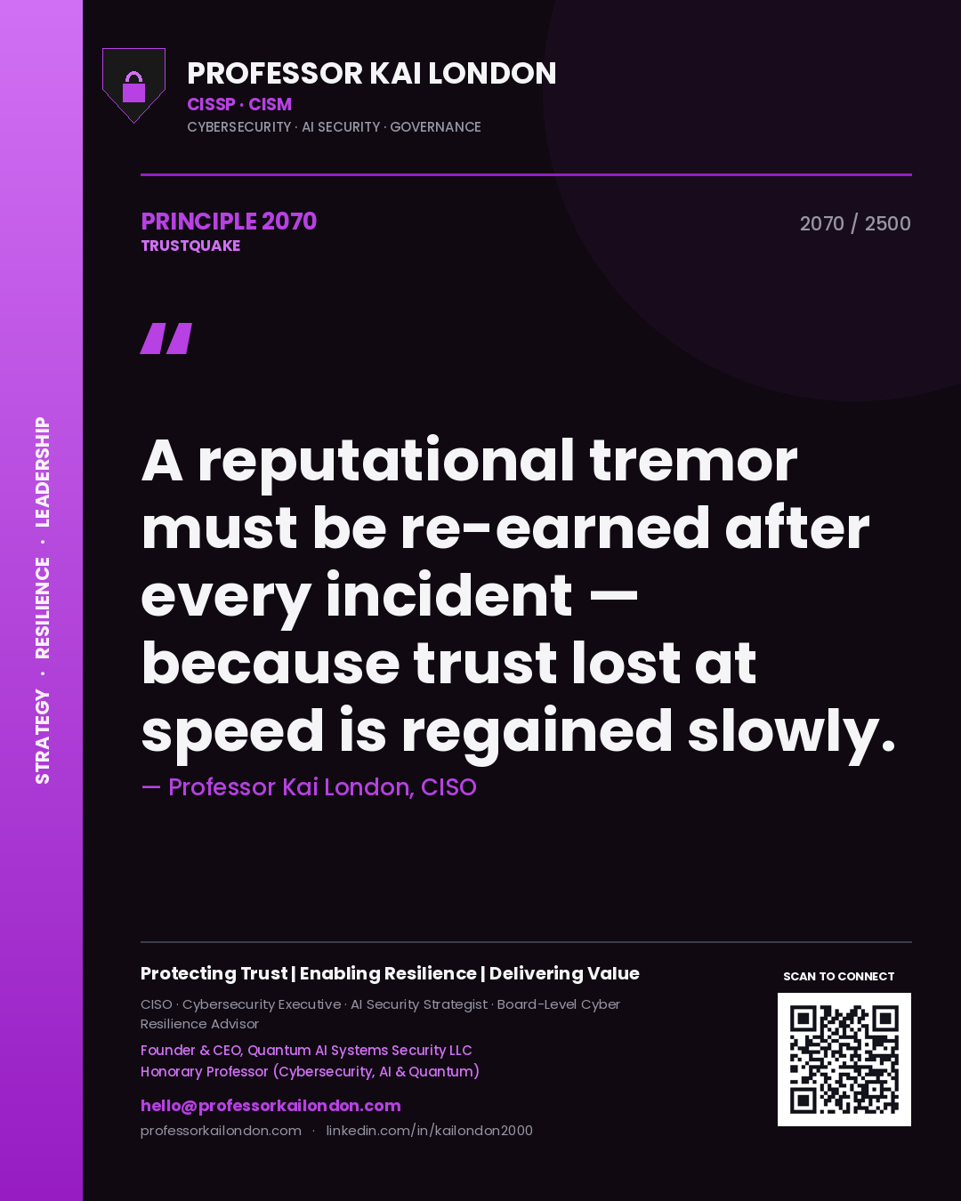 Quote card by Professor Kai London reading 'A reputational tremor must be re-earned after every incident — because trust lost at speed is regained slowly.'. From the book Trustquake.