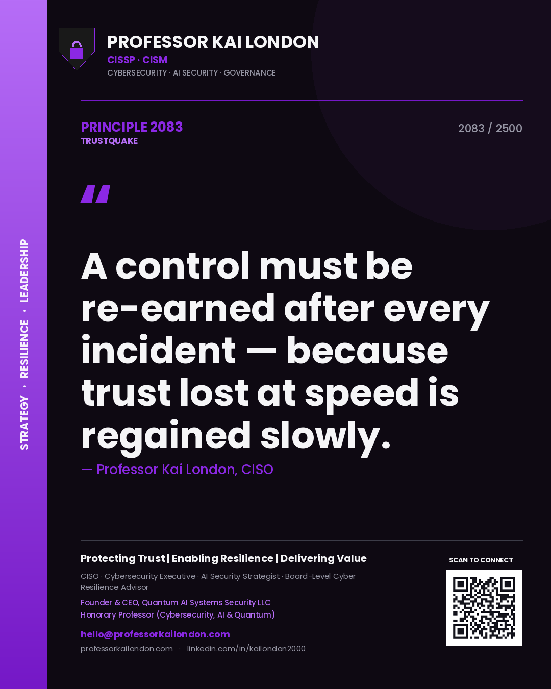 Professor Kai London principle 2083: A control must be re-earned after every incident — because trust lost at speed is regained slowly.