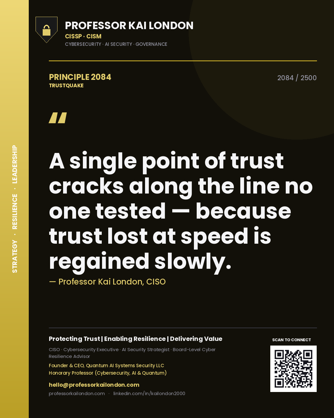 Quote card by Professor Kai London reading 'A single point of trust cracks along the line no one tested — because trust lost at speed is regained slowly.'. From the book Trustquake.