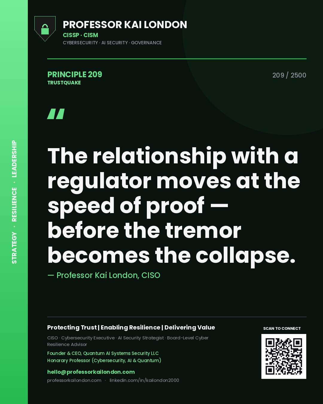 Quote card by Professor Kai London reading 'The relationship with a regulator moves at the speed of proof — before the tremor becomes the collapse.'. From the book Trustquake.