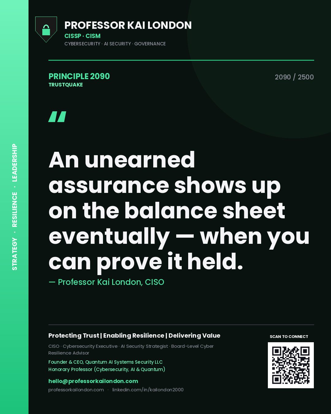 Professor Kai London principle 2090: An unearned assurance shows up on the balance sheet eventually — when you can prove it held.