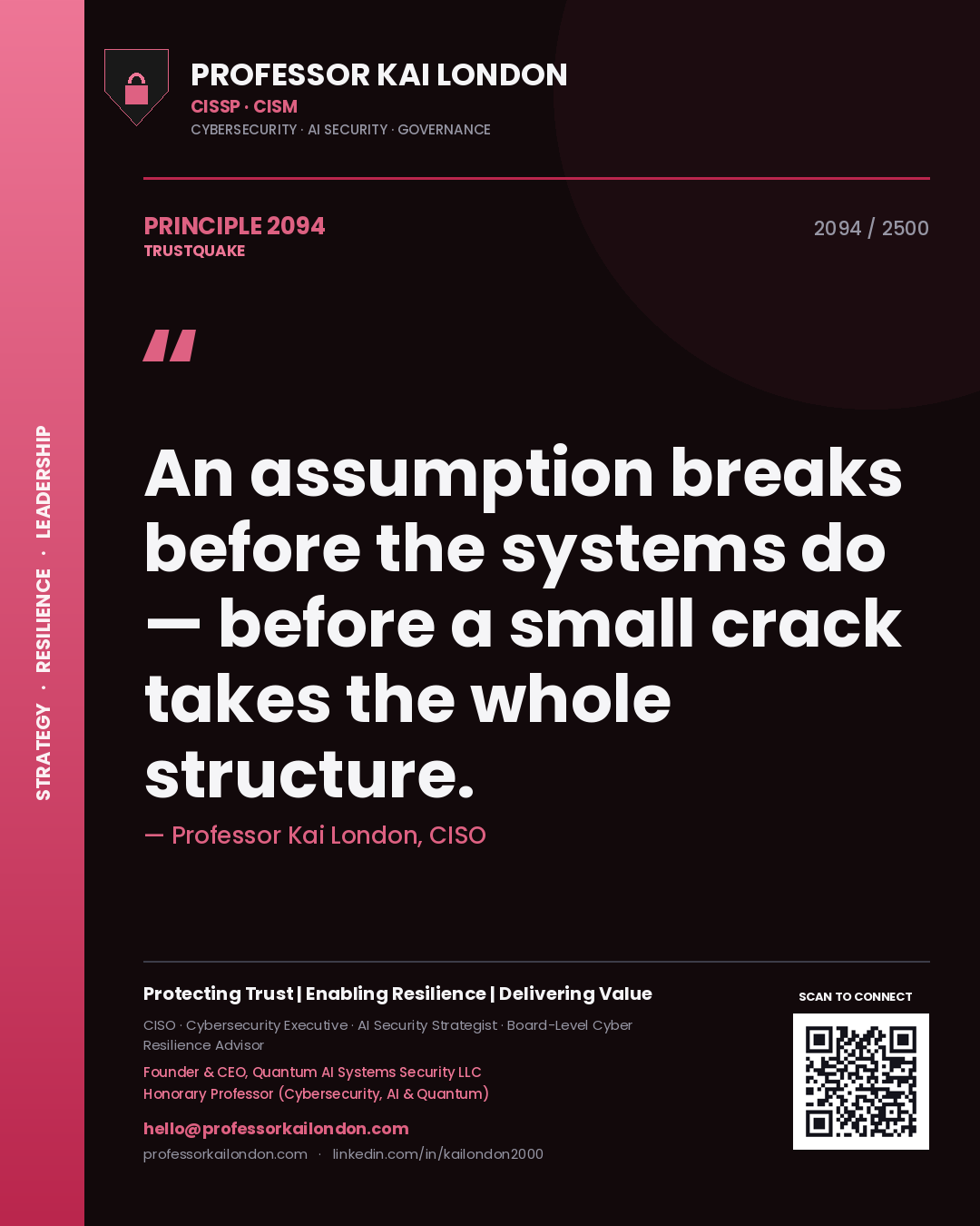 Quote card by Professor Kai London reading 'An assumption breaks before the systems do — before a small crack takes the whole structure.'. From the book Trustquake.