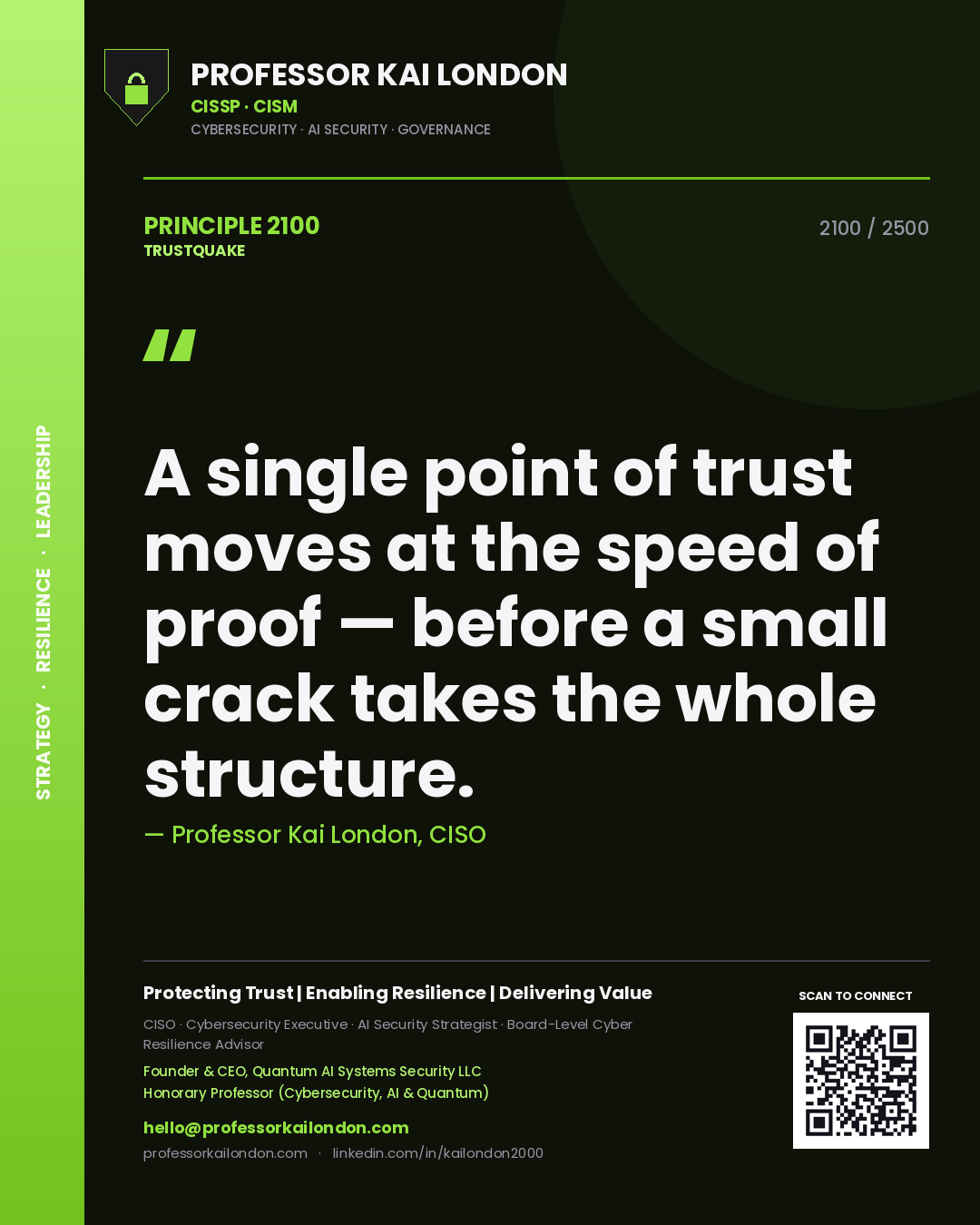 Professor Kai London principle 2100: A single point of trust moves at the speed of proof — before a small crack takes the whole structure.