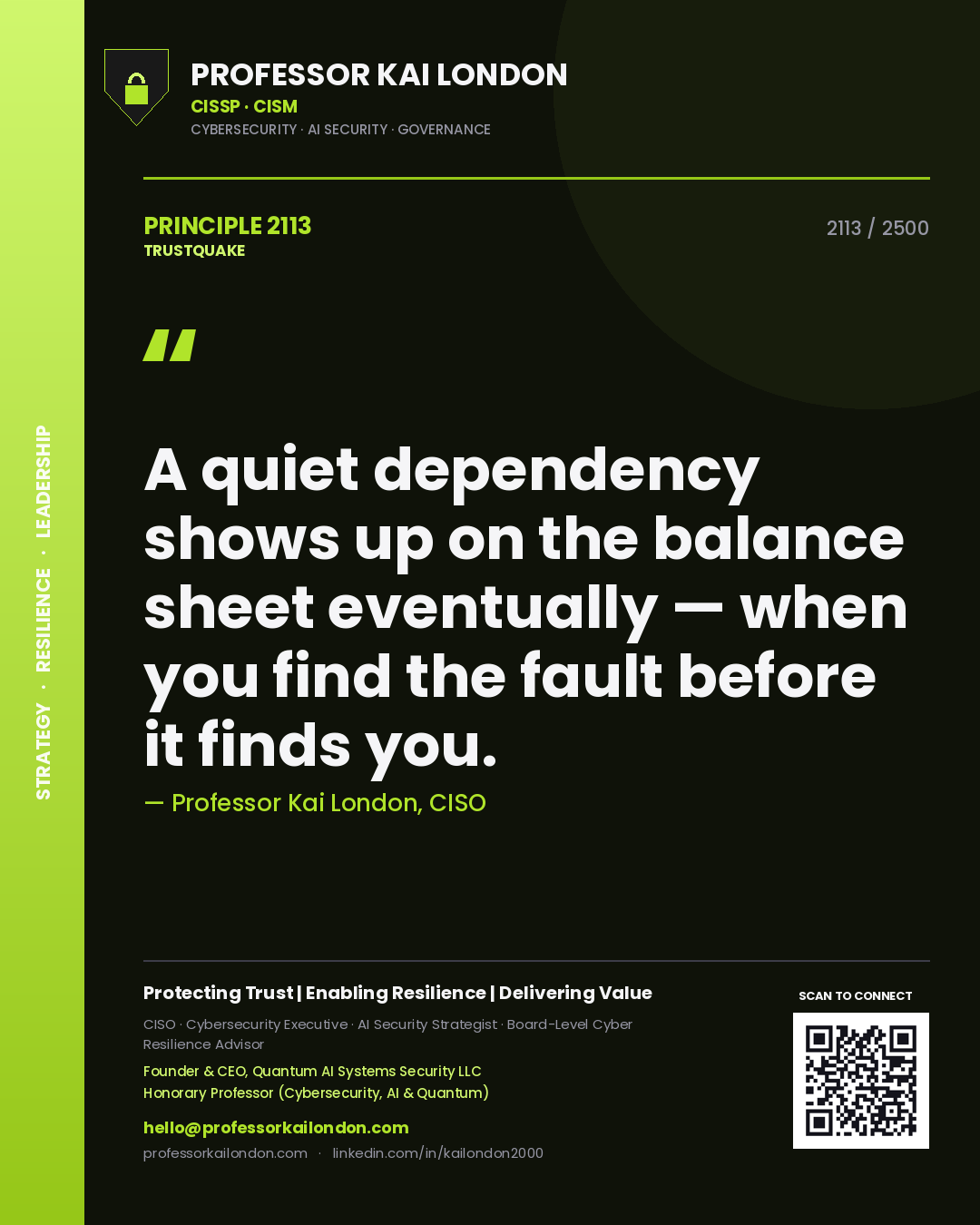 Quote card by Professor Kai London reading 'A quiet dependency shows up on the balance sheet eventually — when you find the fault before it finds you.'. From the book Trustquake.