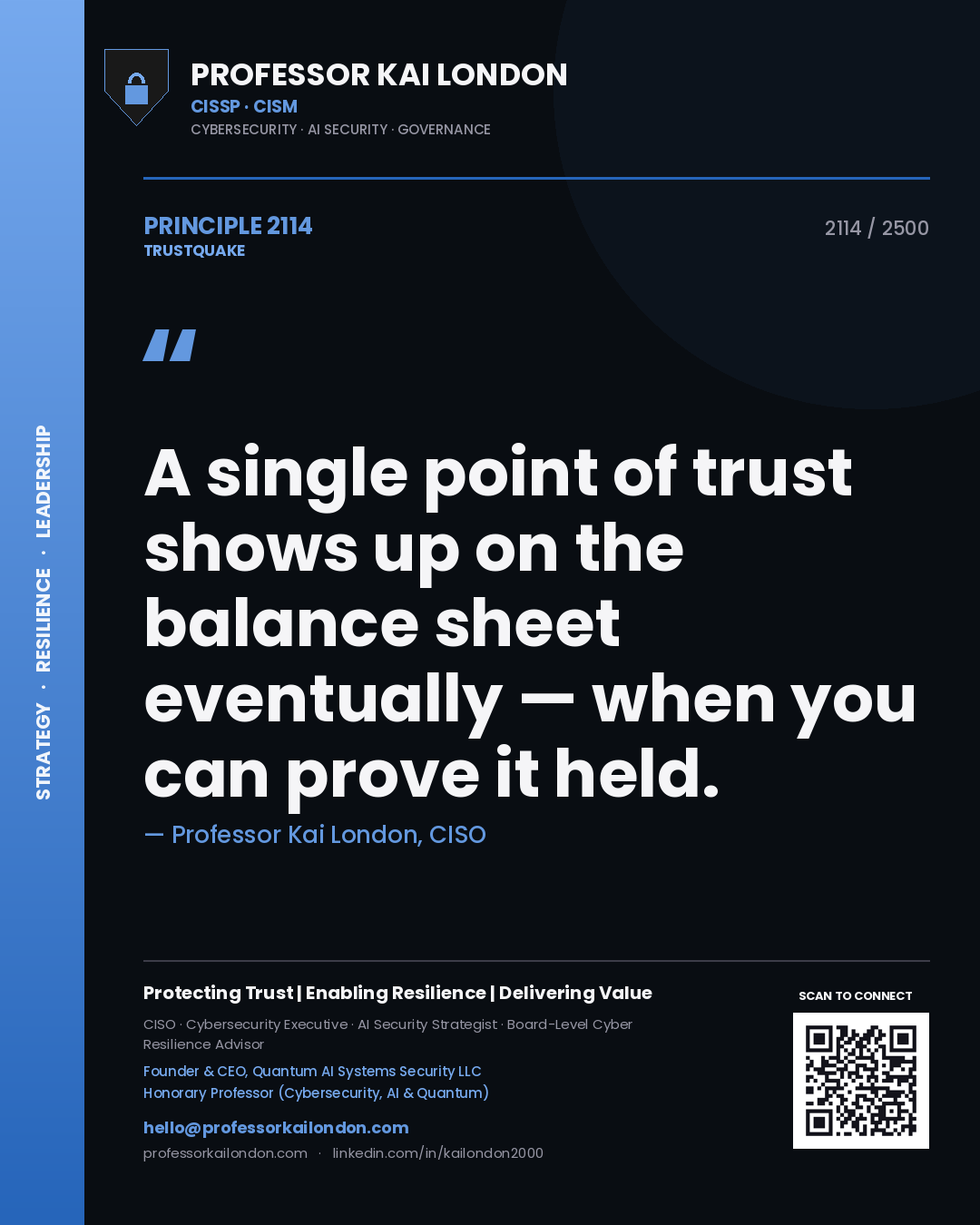 Professor Kai London principle 2114: A single point of trust shows up on the balance sheet eventually — when you can prove it held.