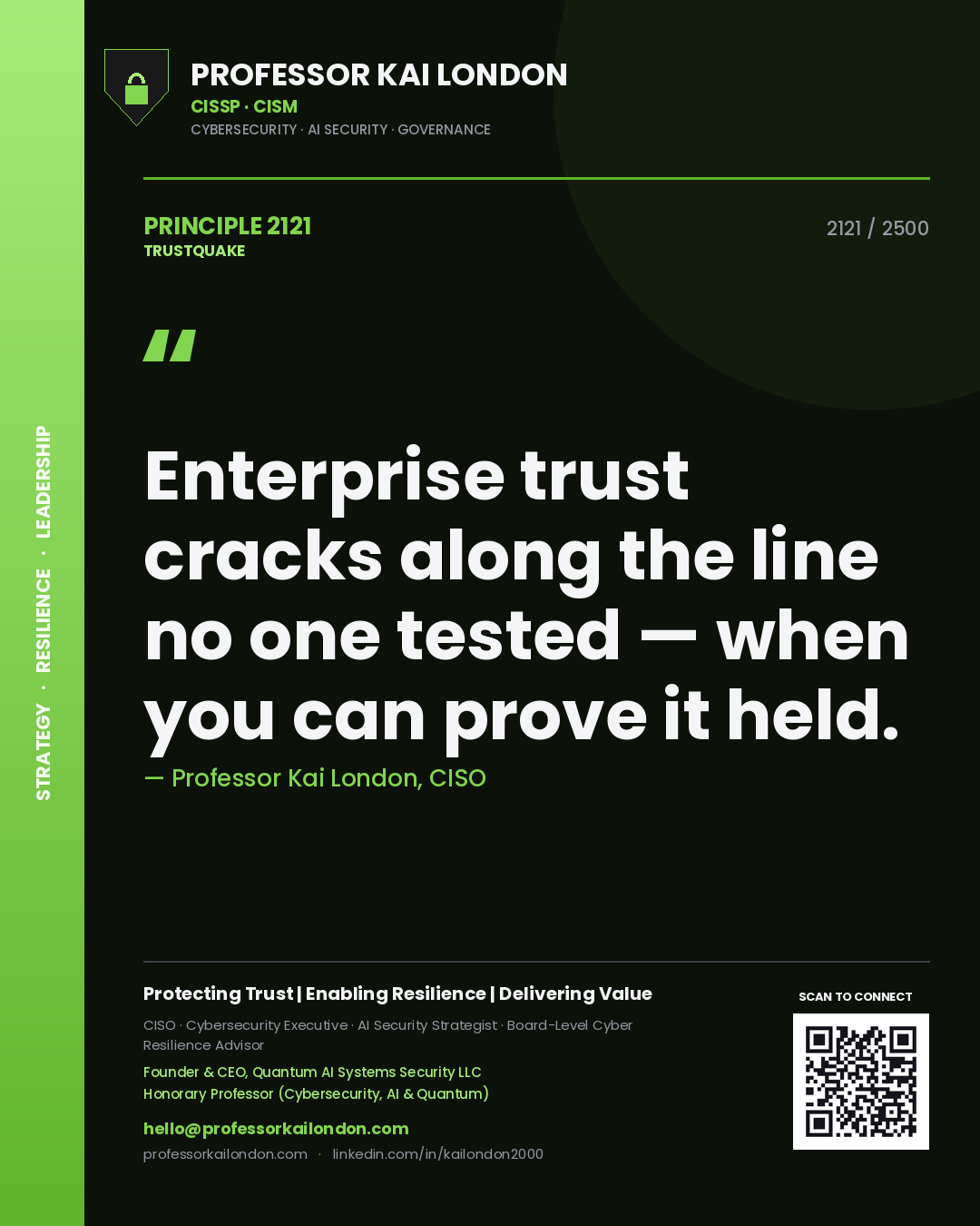Professor Kai London principle 2121: Enterprise trust cracks along the line no one tested — when you can prove it held.