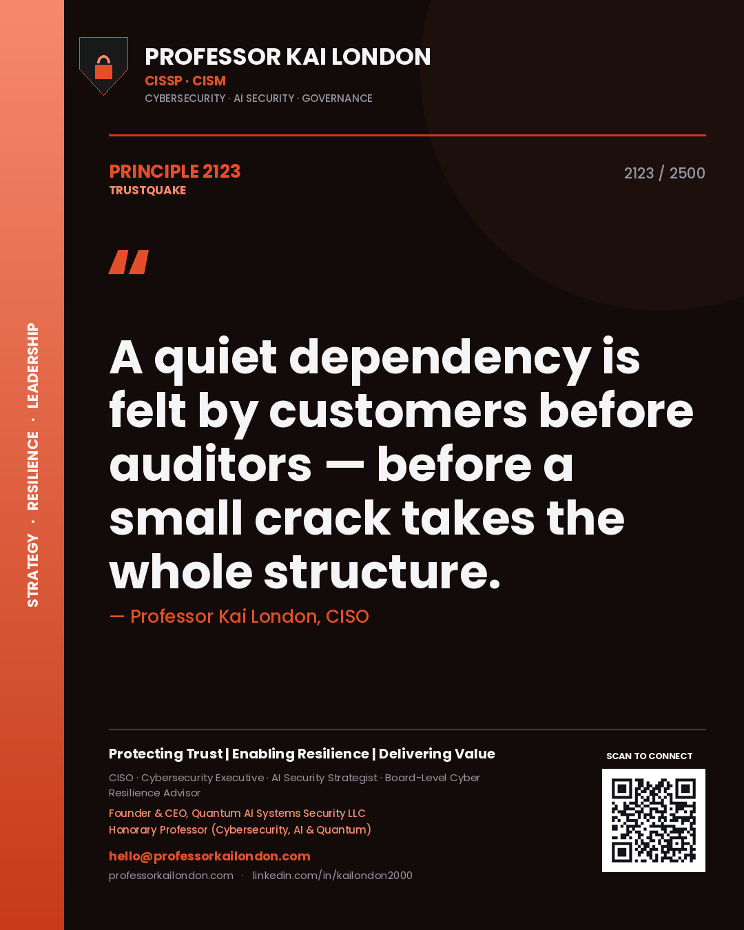 Professor Kai London principle 2123: A quiet dependency is felt by customers before auditors — before a small crack takes the whole structure.