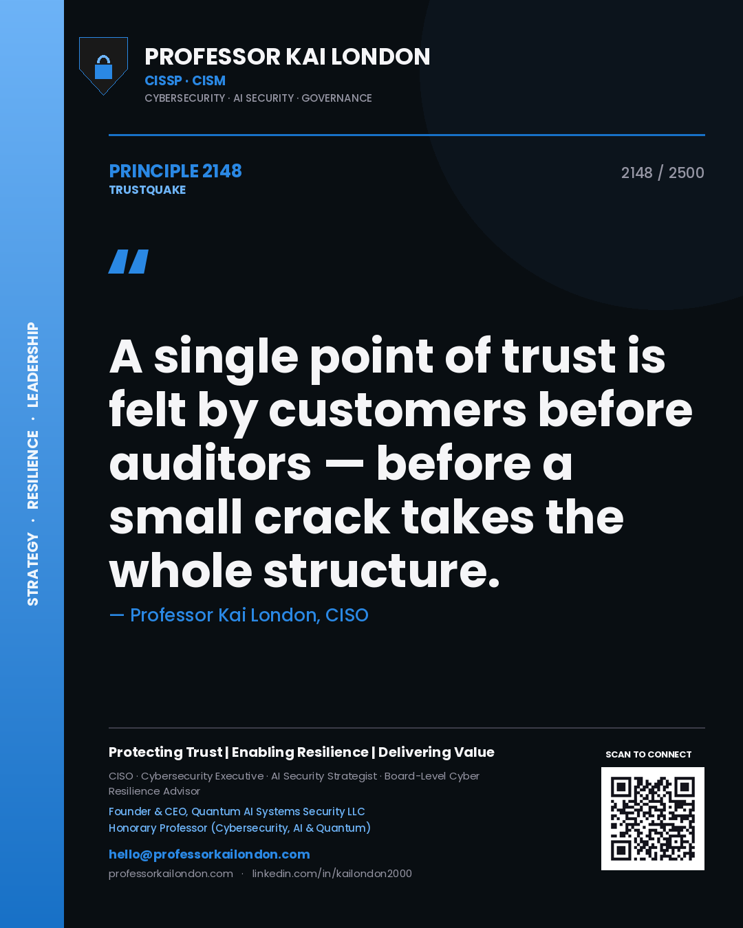 Professor Kai London principle 2148: A single point of trust is felt by customers before auditors — before a small crack takes the whole structure.