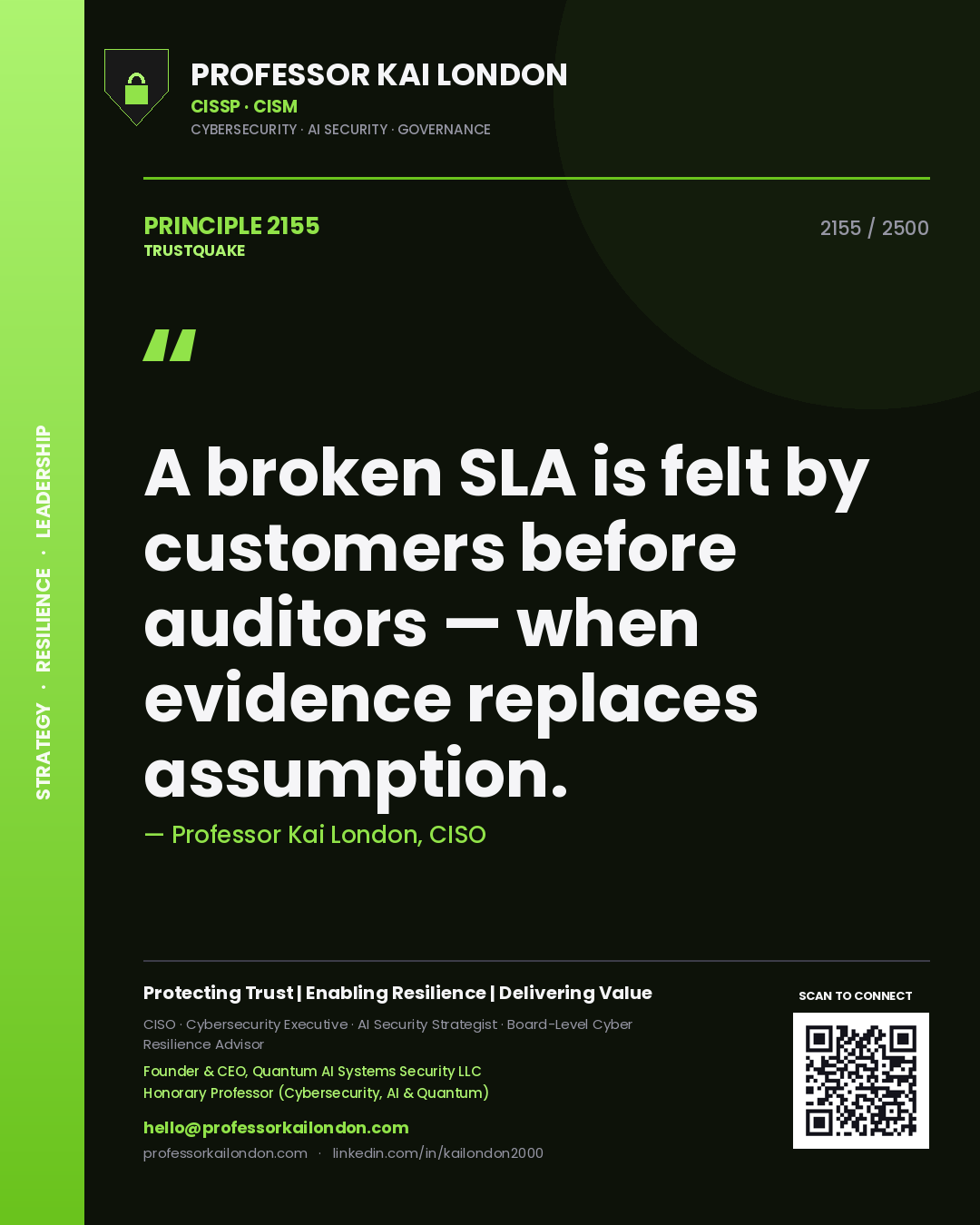 Professor Kai London principle 2155: A broken SLA is felt by customers before auditors — when evidence replaces assumption.