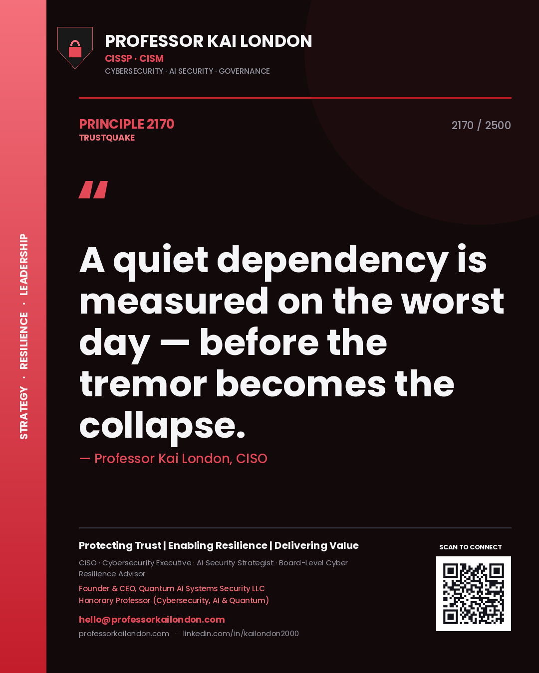 Quote card by Professor Kai London reading 'A quiet dependency is measured on the worst day — before the tremor becomes the collapse.'. From the book Trustquake.