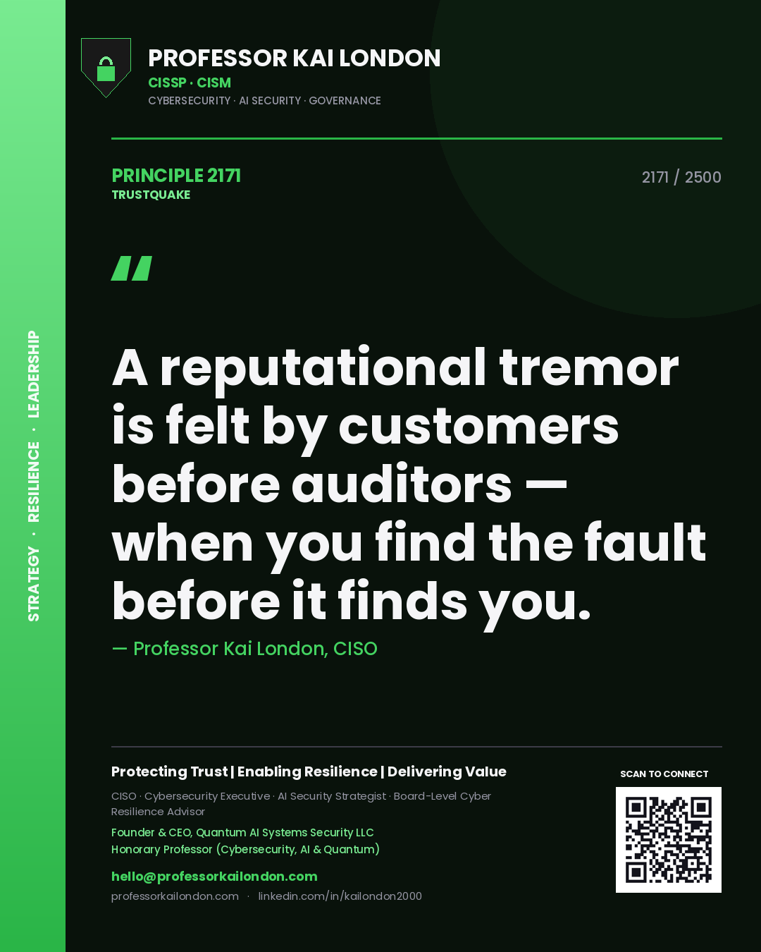 Quote card by Professor Kai London reading 'A reputational tremor is felt by customers before auditors — when you find the fault before it finds you.'. From the book Trustquake.