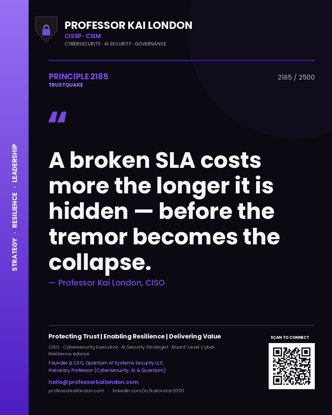 Professor Kai London principle 2185: A broken SLA costs more the longer it is hidden — before the tremor becomes the collapse.
