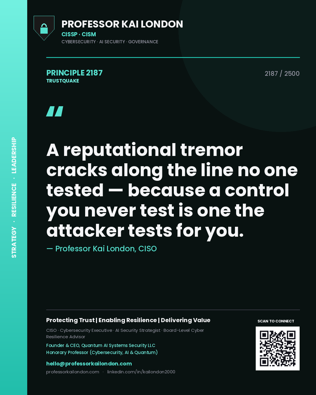 Professor Kai London principle 2187: A reputational tremor cracks along the line no one tested — because a control you never test is one the attacker tests for you.