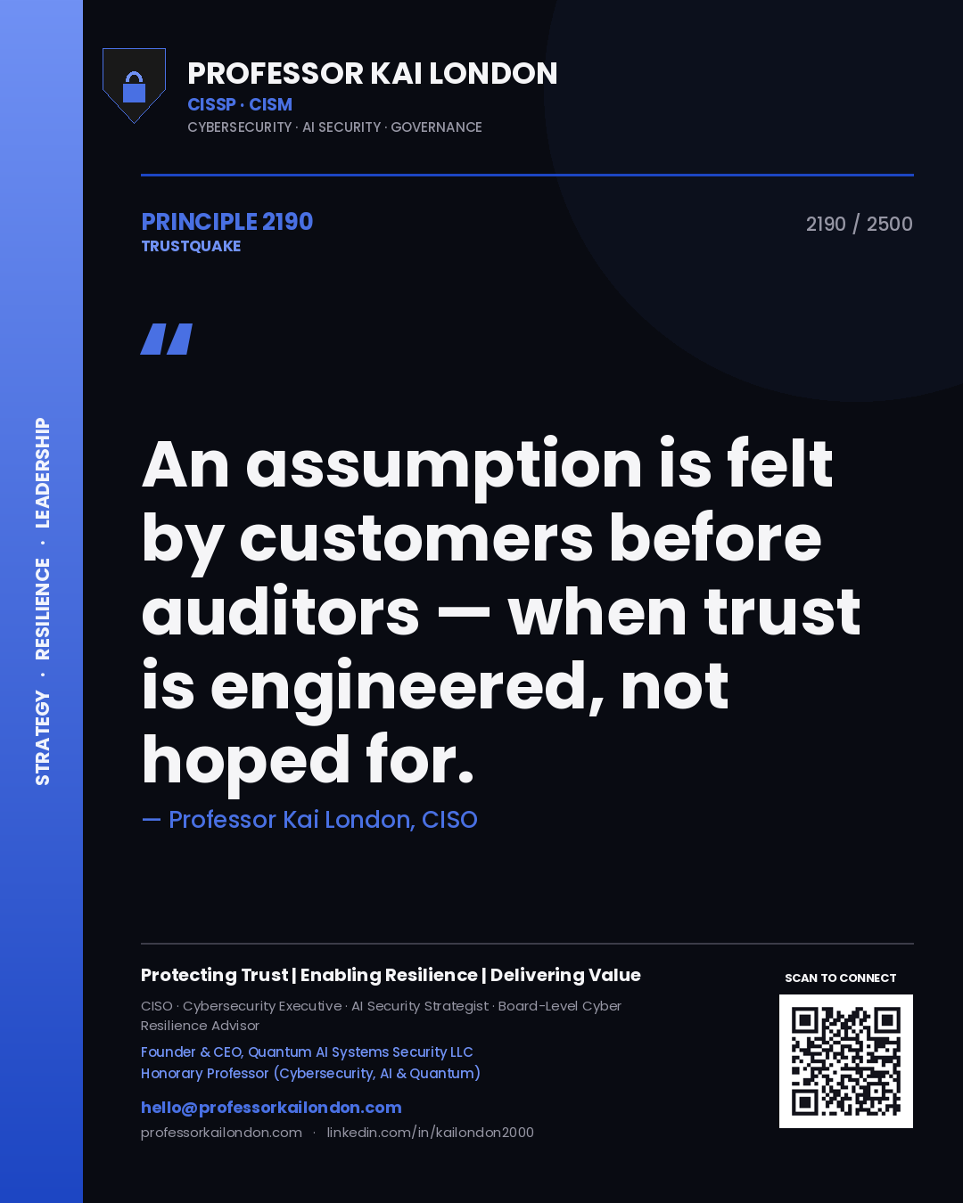 Professor Kai London principle 2190: An assumption is felt by customers before auditors — when trust is engineered, not hoped for.