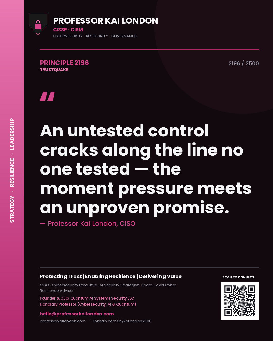 Professor Kai London principle 2196: An untested control cracks along the line no one tested — the moment pressure meets an unproven promise.