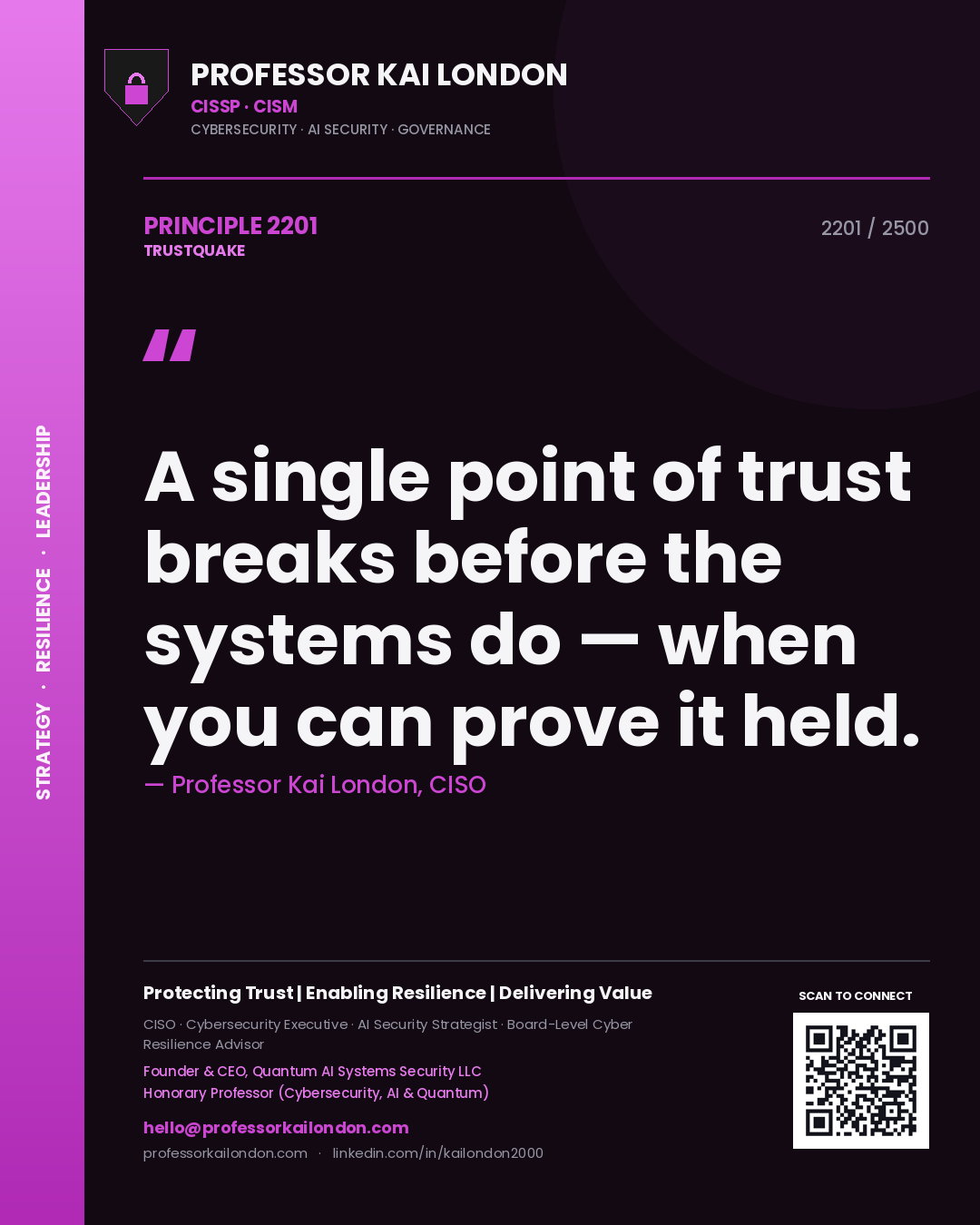 Quote card by Professor Kai London reading 'A single point of trust breaks before the systems do — when you can prove it held.'. From the book Trustquake.