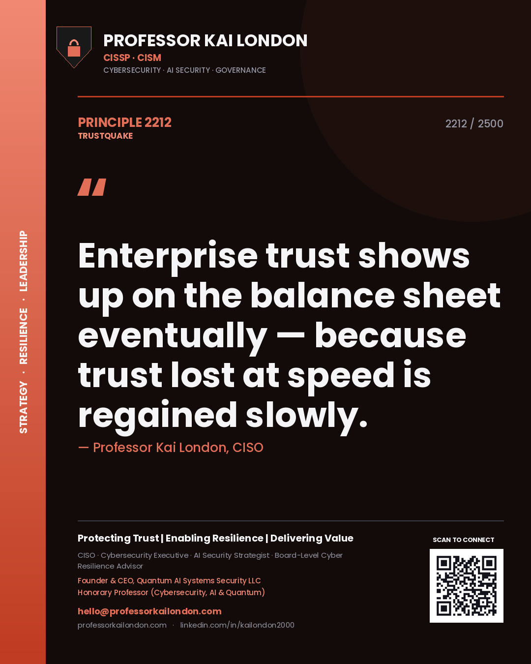 Quote card by Professor Kai London reading 'Enterprise trust shows up on the balance sheet eventually — because trust lost at speed is regained slowly.'. From the book Trustquake.