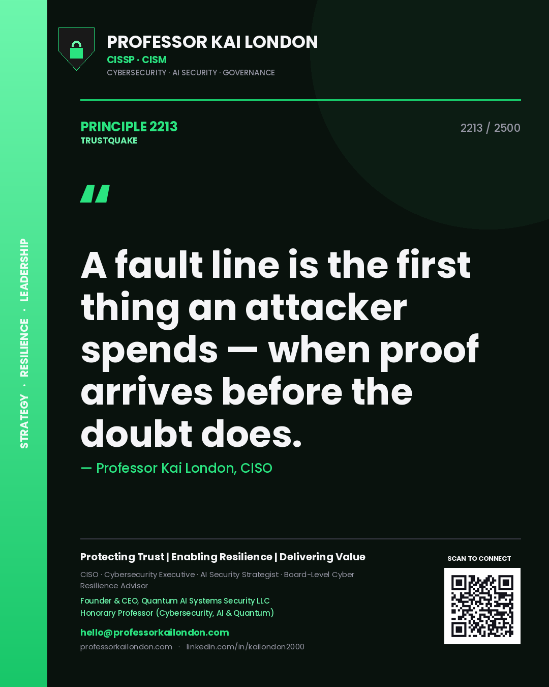 Quote card by Professor Kai London reading 'A fault line is the first thing an attacker spends — when proof arrives before the doubt does.'. From the book Trustquake.