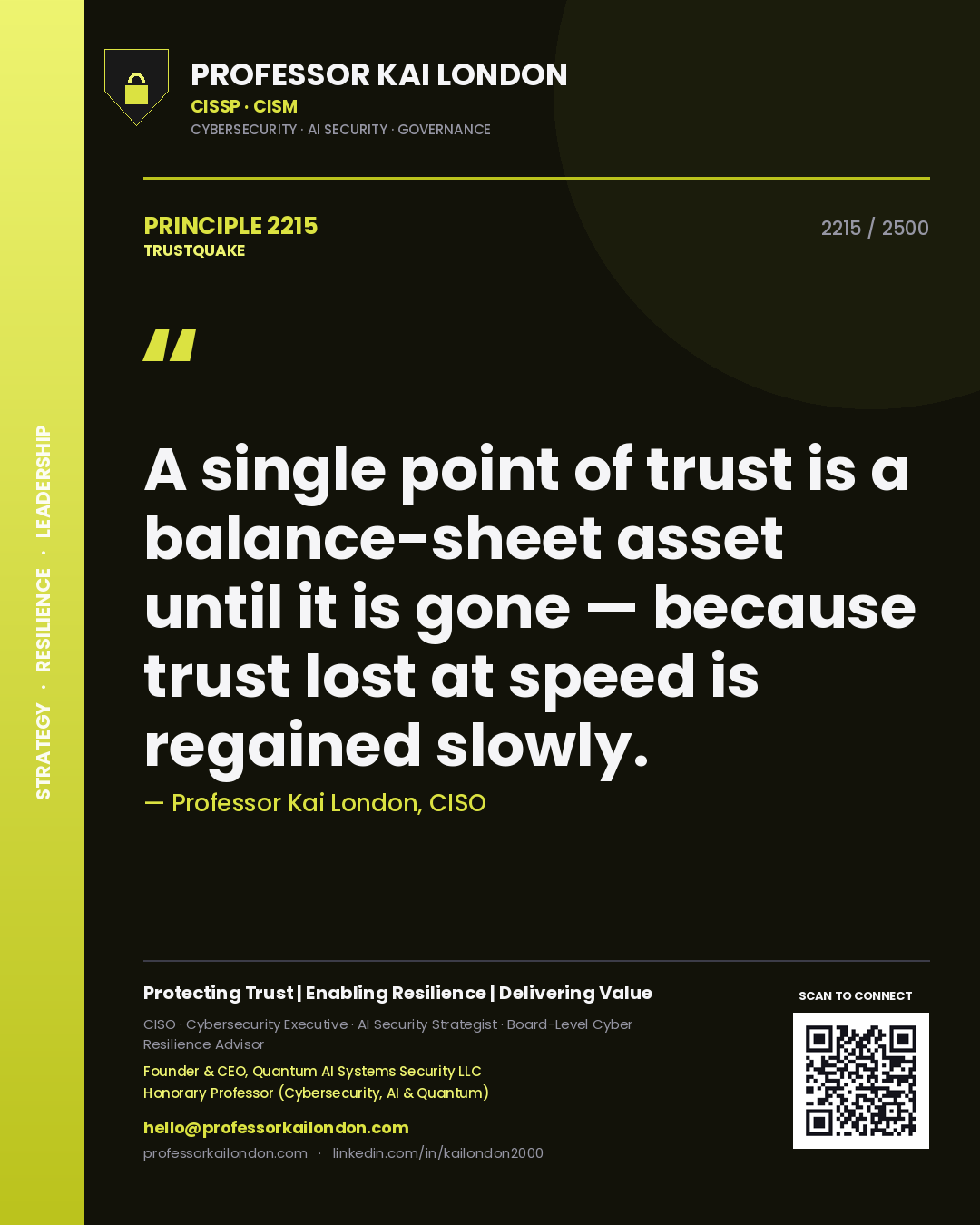 Quote card by Professor Kai London reading 'A single point of trust is a balance-sheet asset until it is gone — because trust lost at speed is regained slowly.'. From the book Trustquake.
