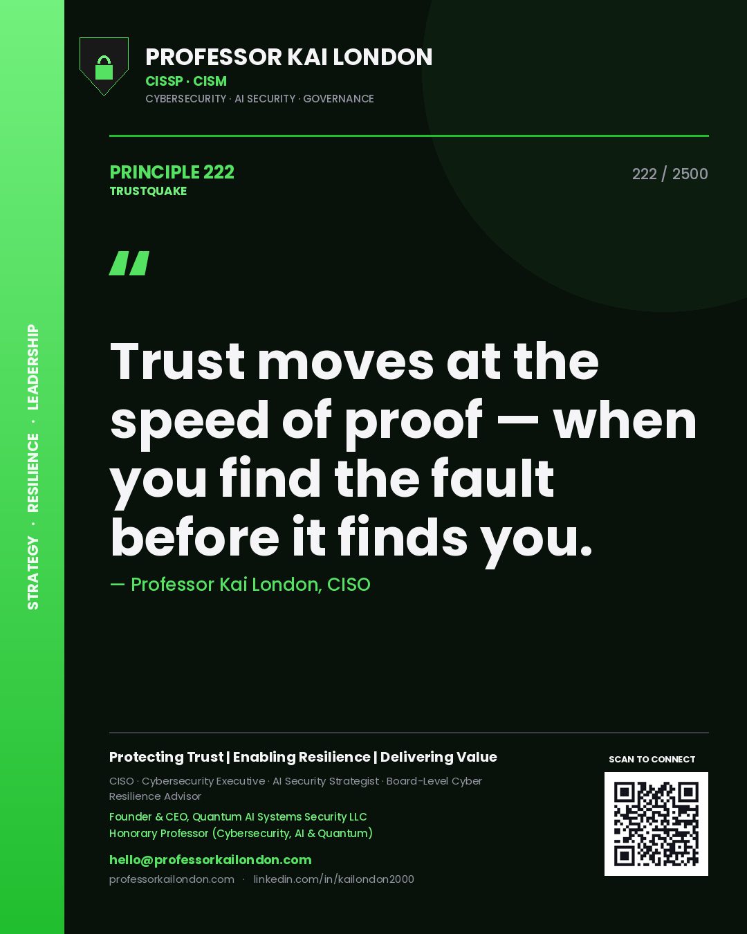 Professor Kai London principle 222: Trust moves at the speed of proof — when you find the fault before it finds you.