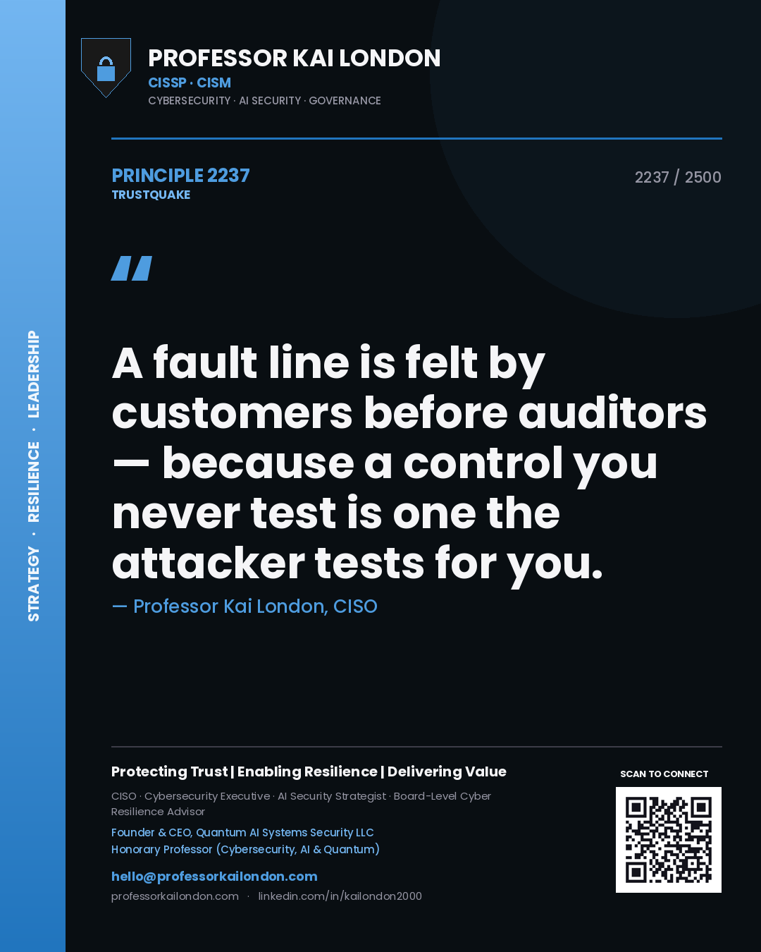 Quote card by Professor Kai London reading 'A fault line is felt by customers before auditors — because a control you never test is one the attacker tests for you.'. From the book Trustquake.