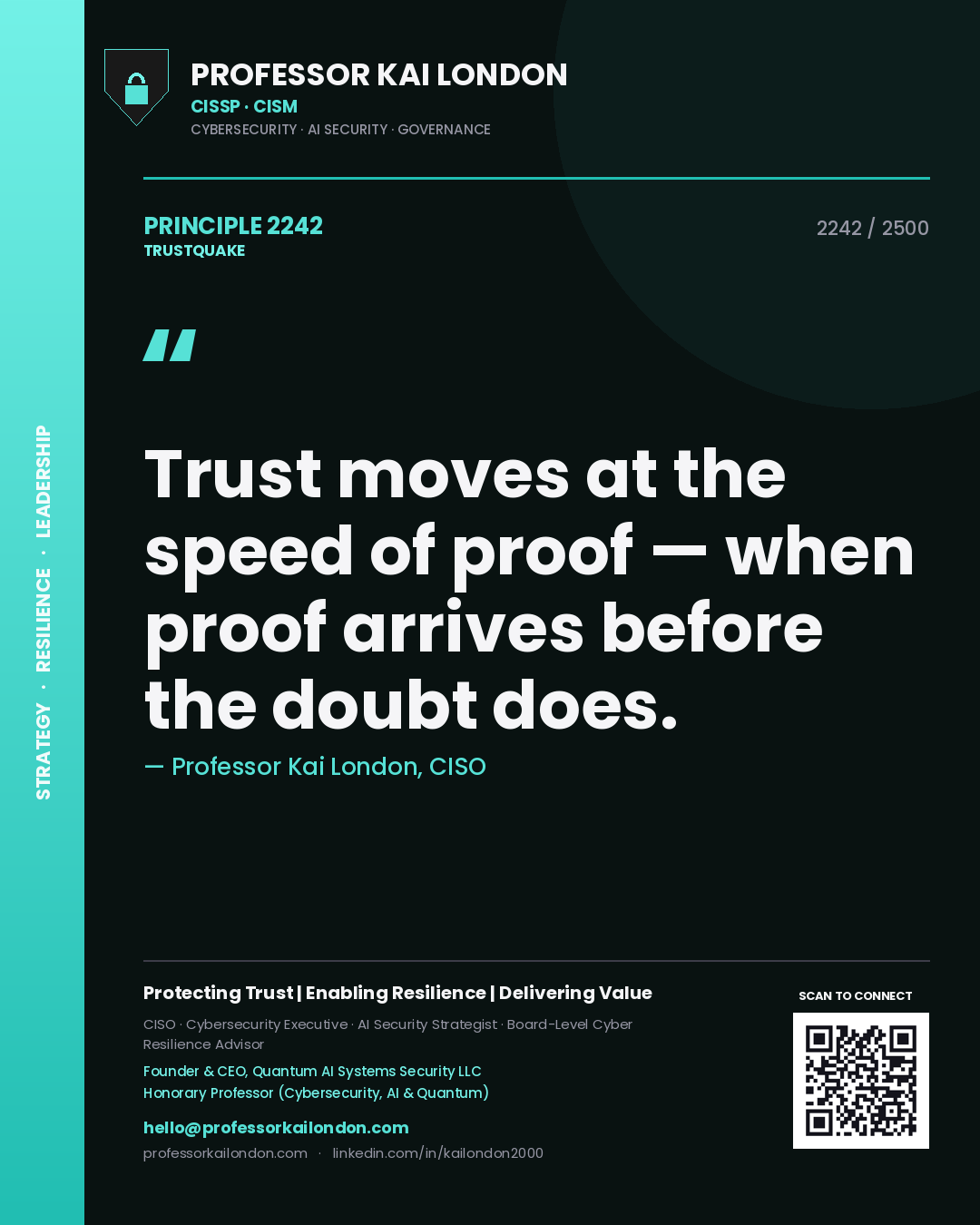Quote card by Professor Kai London reading 'Trust moves at the speed of proof — when proof arrives before the doubt does.'. From the book Trustquake.