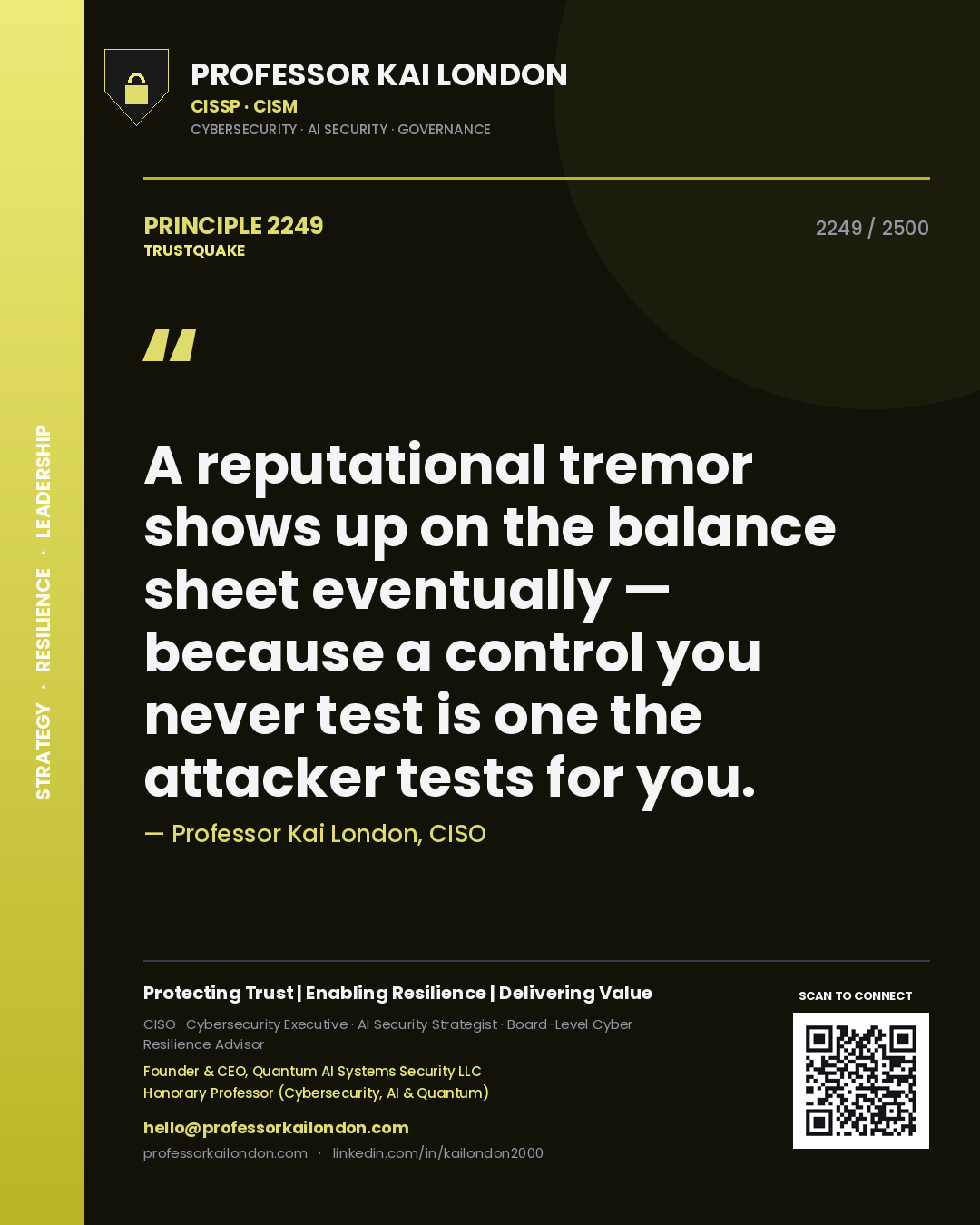Quote card by Professor Kai London reading 'A reputational tremor shows up on the balance sheet eventually — because a control you never test is one the attacker tests for you.'. From the book Trustquake.