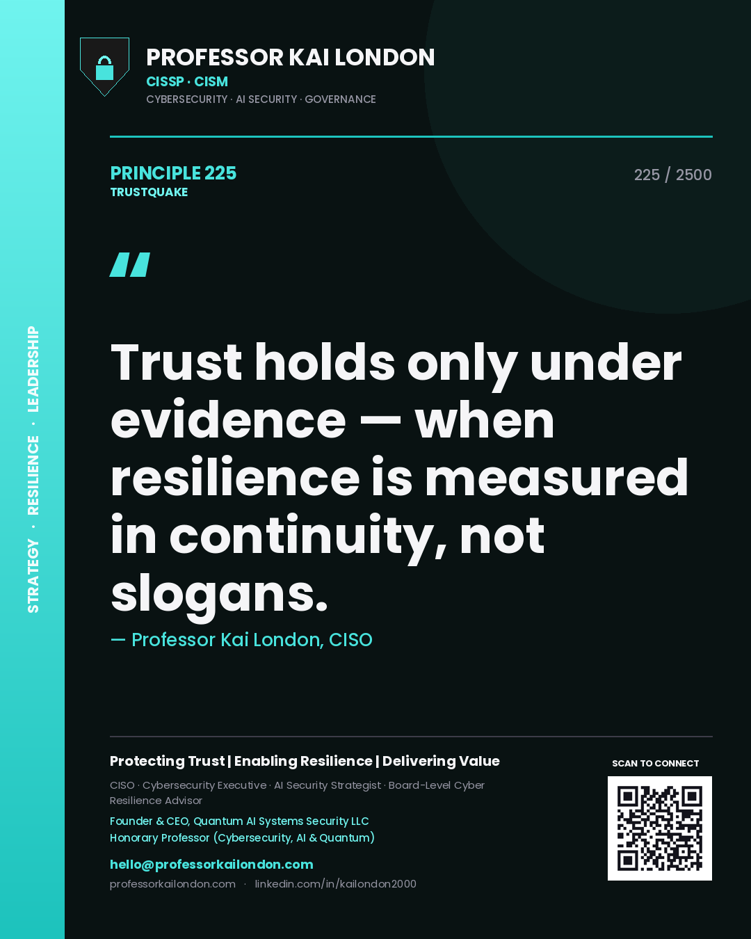 Quote card by Professor Kai London reading 'Trust holds only under evidence — when resilience is measured in continuity, not slogans.'. From the book Trustquake.