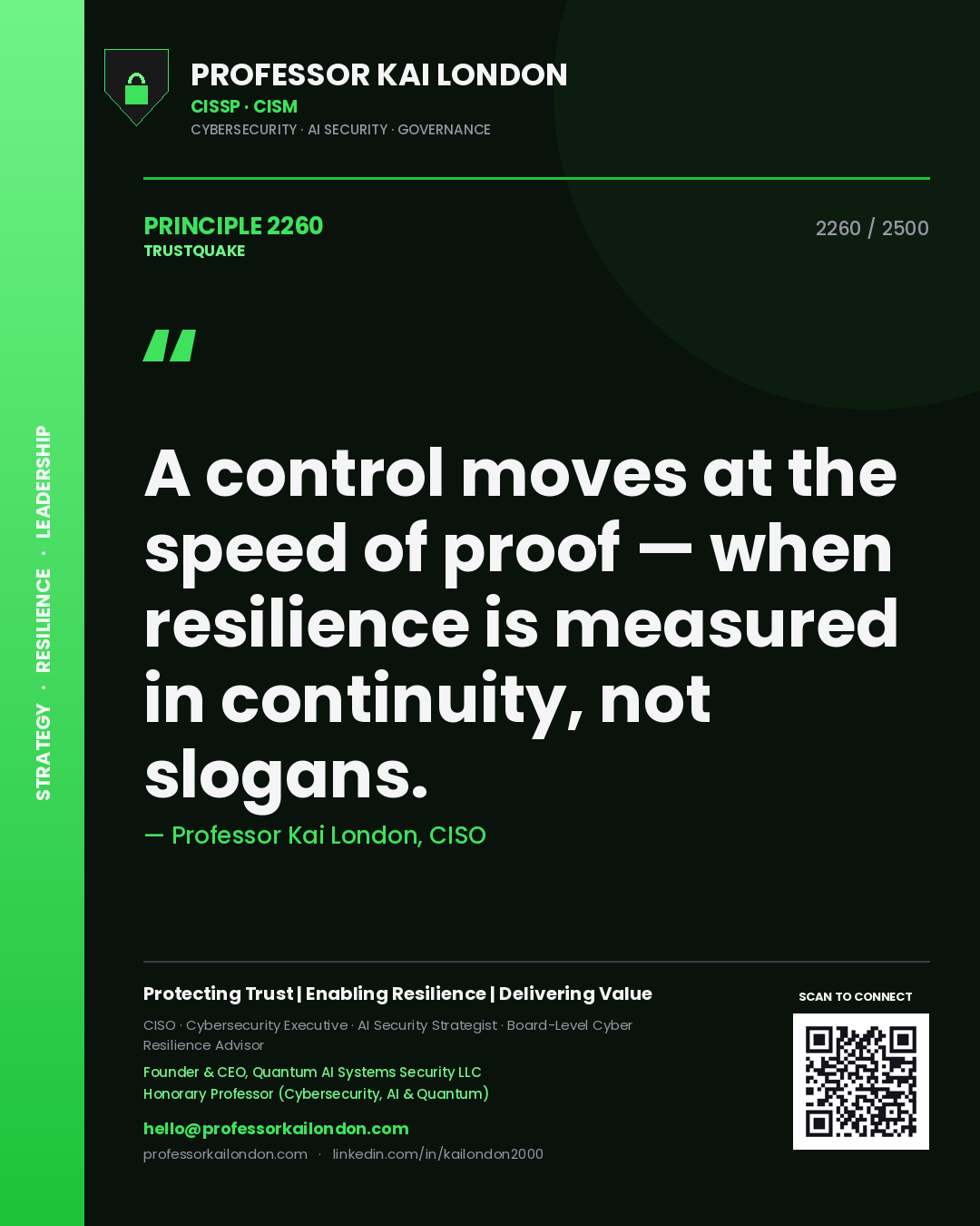 Quote card by Professor Kai London reading 'A control moves at the speed of proof — when resilience is measured in continuity, not slogans.'. From the book Trustquake.